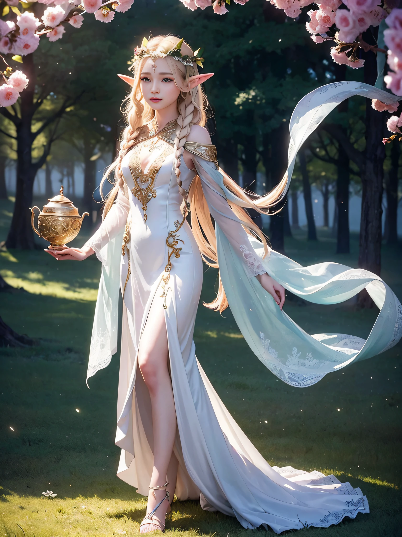 Graceful elven girl standing in meadow, Delicate face illuminated by the soft light of the setting sun. Her long, Flowing hair runs down your back, Decorated with intricate braids、Adorned with sparkling gemstones. This great photo is、、、It captures the ethereal beauty of elves. Slender figure in silk dress、Swaying in the soft steppe breeze. Attention to detail、Face that is、Face that is、Face that is、Face that is、It is evident in the intricate patterns of the dress and the subtle highlights of the luminescence. skin. The breathtaking portrayal of the elven girl is、、、、、Create an enchanting atmosphere、It invites the viewer to a magical world.