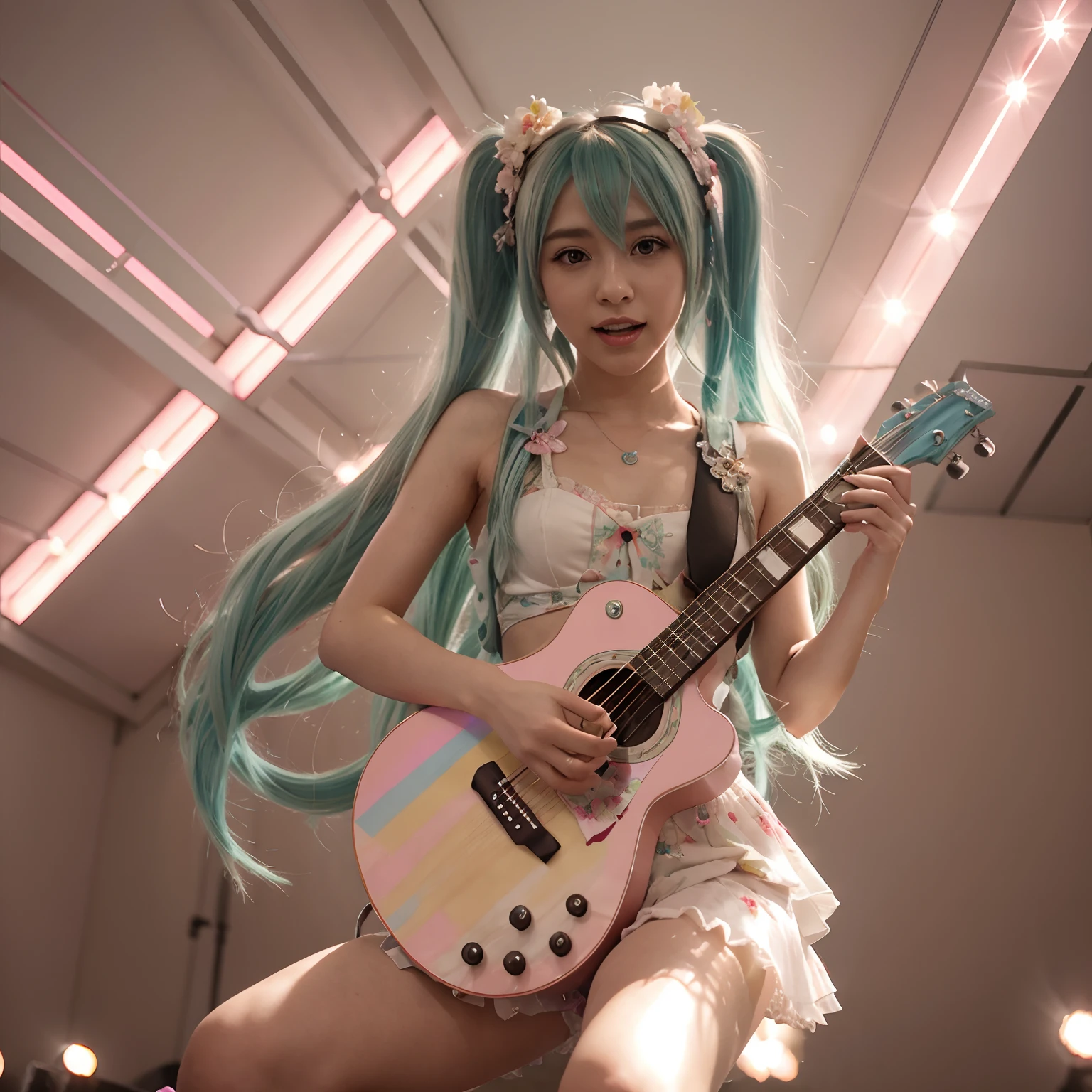 Hatsune miku ,cantando,radiante ,chibi,flores,colores brillantes ,hd,highest qualityr ,pelo rosa, tocando la guitarra