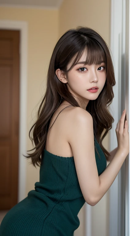 (Best Quality, 8K, masutepiece, Ultra HD: 1.3), 1girl in, mideum breasts, light brown hair, Blunt bangs, hair behind ear, hair over shoulder, Long hair, slender body shape, Ultra Fine Face, Delicate lips, Beautiful eyes, Double eyelids, lipsticks,Facial expressions inviting a man, Ultra-thin hands, Ultra-fine fingers, Knitted Dresses , beauty legs