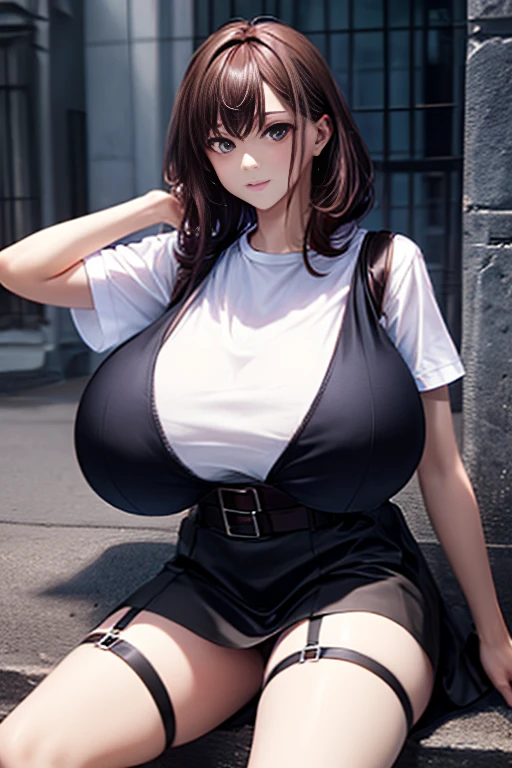 Black skirt, suspenders, Brown hair Gray eyes, Garter belt on the legs, Tight black clothes, a belt Armpit sweat Dark look Moderately breasts holster chain poneyTail, (large breasts:1.6), white shirt