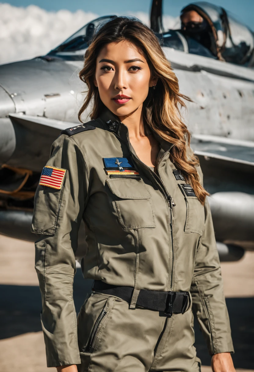 Hermoso Dichen_Lachman como piloto militar, cazadora, Camiseta, (escote:0.5), Dichen_Lachman, (Altamente detallado:1.2),(La mejor calidad:1.2),(8k:1.2),foco nítido,(Subsoil Scatter:1.1),rewarded photography,professional portrait photography,(Cerrar plano:1.2), Fighter jet in the background, (Antecedentes muy detallados:1.2), Dramatic lighting,