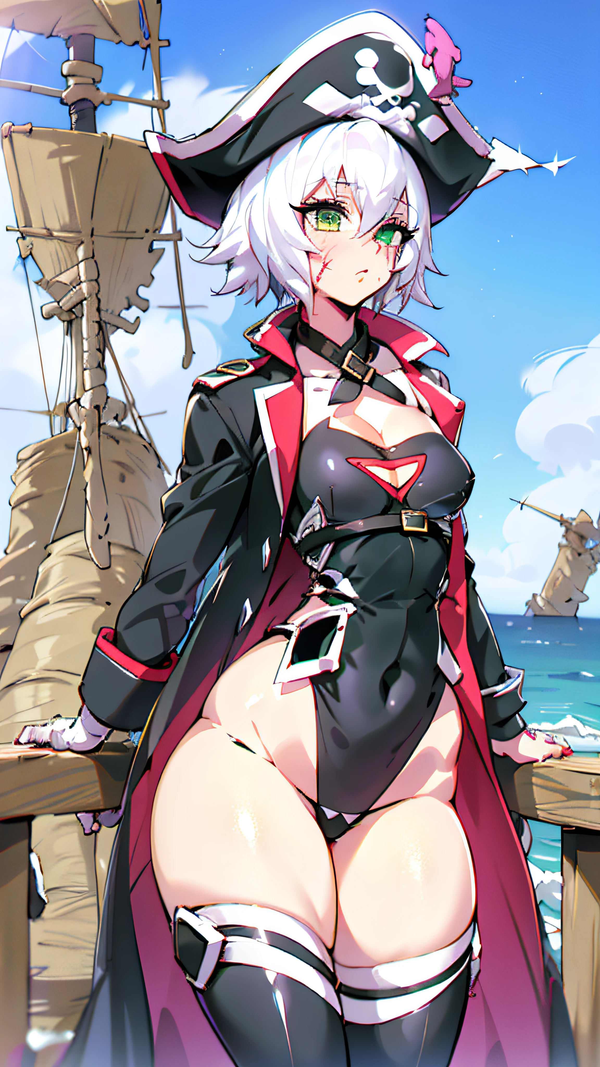 {{{masterpiece}}}, {{best quality}}, masterpiece, best quality, jack the ripper (fate/apocrypha), green eyes, white hair, short hair, {{gleaming}}, photorealistic, {{best quality}}, {{masterpiece}}, detailed eyes, contrast, specular lighting, detailed pupils, intricate details, 1girl, {{{{Surrealism}}}}, {{{{In the style of Fate/Apocrypha}}}}, best quality, {{masterpiece}}, 1girl, cowboy shot, eyeliner, eyelashes, gleaming, masterpiece, best quality, jack the ripper (fate/apocrypha), pirate costume, pirate hat, captain hat, ships, outdoors, day, on ship, on board ship, ocean, thick thighs, wide hips, narrow waist, medium breasts:1.2), scar on face, {{cute_face}}, {{pirate ship}}, coat, one-piece suit, skull_on_hat, mature female, semi-realistic,