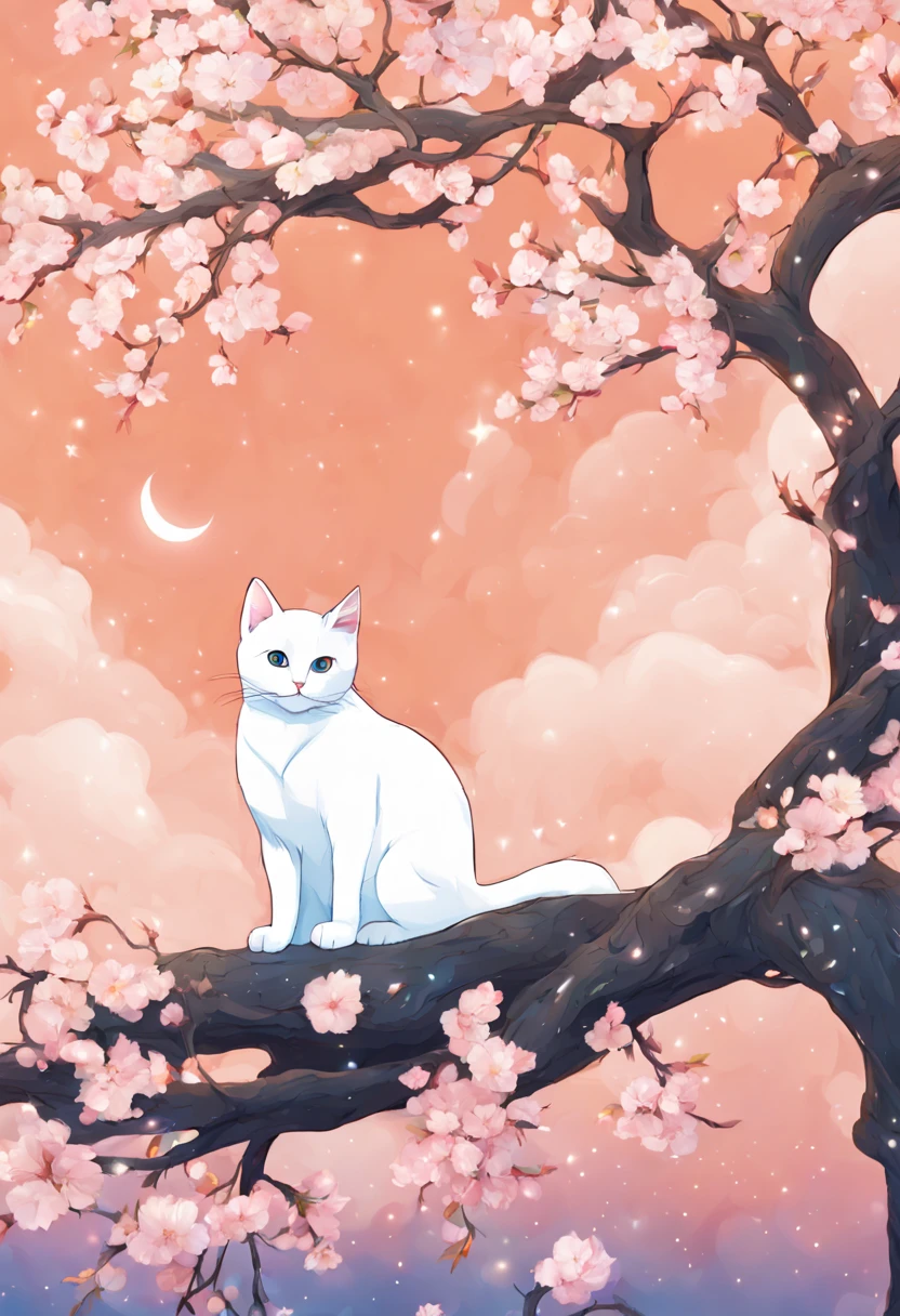 A white cat on peach tree. the background of the Milky Way , anime