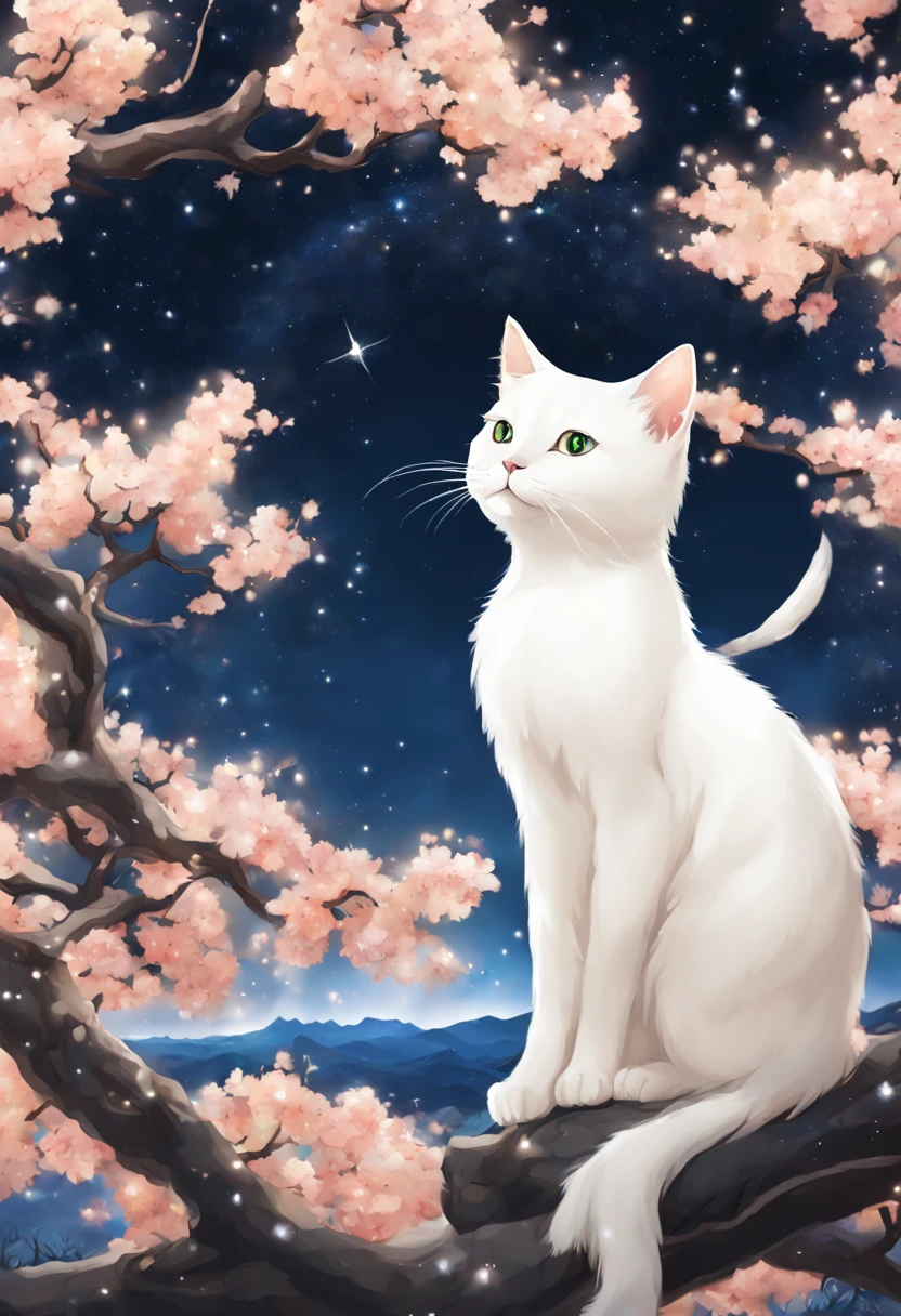 A white cat on peach tree. the background of the Milky Way , anime