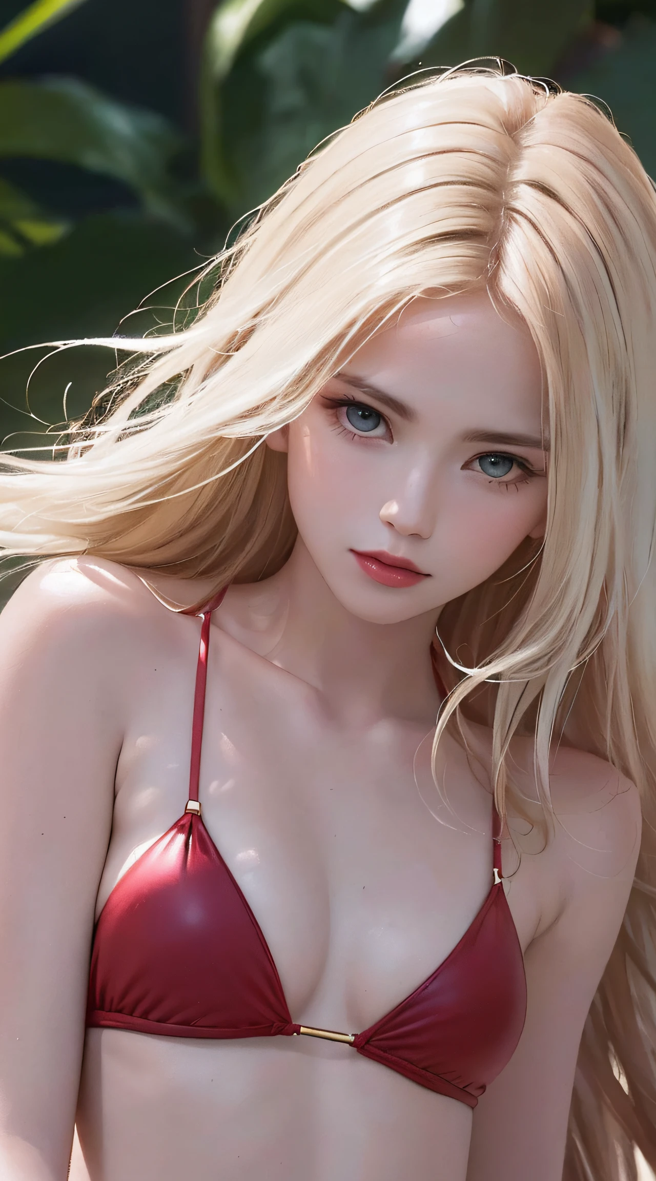 (8K, RAW Photos, of the highest quality, Masterpieces: 1.2), (Realistic, Photorealistic: 1.37), Highest Quality, Ultra High Resolution, light  leaks, Dynamic lighting, Slim and smooth skin, (Full body:1.3), (Soft Saturation: 1.6), (Fair skin: 1.2), (Glossy skin: 1.1), Oiled skin, 22 years old, Night, shiny white blonde, Well-formed, Hair fluttering in the wind, (Close-up shot of face only:1.2), Physically Based Rendering, From multiple angles, all-fours, Chest is sheer, (Smaller chest:1.2), cleavage of the breast, Lower breast, (Transparent costume:1.3), Not wearing a cloak, Beautiful eyes,Break HA,(8K, RAW Photos, of the highest quality, Masterpieces: 1.2), (Realistic, Photorealistic: 1.37), Highest Quality, Ultra High Resolution, focused eyes, light  leaks, Dynamic lighting, Slim and smooth skin, (Full body:1.3), (Soft Saturation: 1.6), (Fair skin: 1.2), (Glossy skin: 1.1), (Oiled skin:1.2), 18 years old, Night, plein air, Strong morning light from the front, BREAK, shiny white blonde, Well-formed, Hair fluttering in the wind, (Close-up shot of face only:1.2), Physically Based Rendering, From multiple angles, (Cute:1.2), Beautiful hair blown in the wind, all-fours, Chest is sheer, Well equipped, Sheer, Transparent, Glittering Gemstones, beautiful body shape, It features a simple, BREAK, Hair volume decreases towards the ends of the hair, Beautiful skin without blemishes, (Thin shiny red little bikini:1.2), Sparkly lips, The air is clear, shiny white blonde hair, Light is coming in from various directions, Hair through intense light, (Erotic:1.3), (Bare chest:1.2), (Small breasts:1.2), Under the breasts, narrowwaist, narrow shoulders, gazing at viewer, Big smile, spring, Bathing, Very small cloth, thighs thighs thighs thighs, I put my hands slightly above my cleavage in embarrassment and embarrassment,Her body is hot and red,