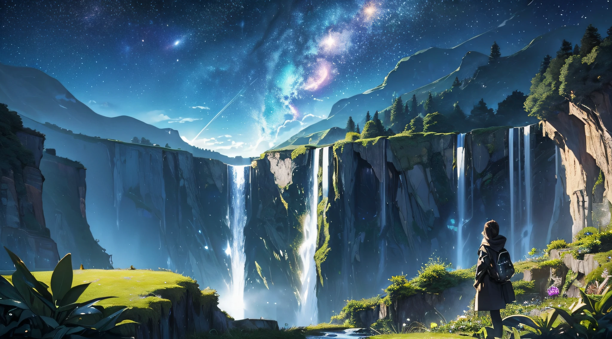 masterpiece、Background with((Fantastic starry sky、meteors、black hole、planetes))、Depth((Fantastic large cliff to waterfall、Luminescent、plants、City on a cliff))、Looking up
