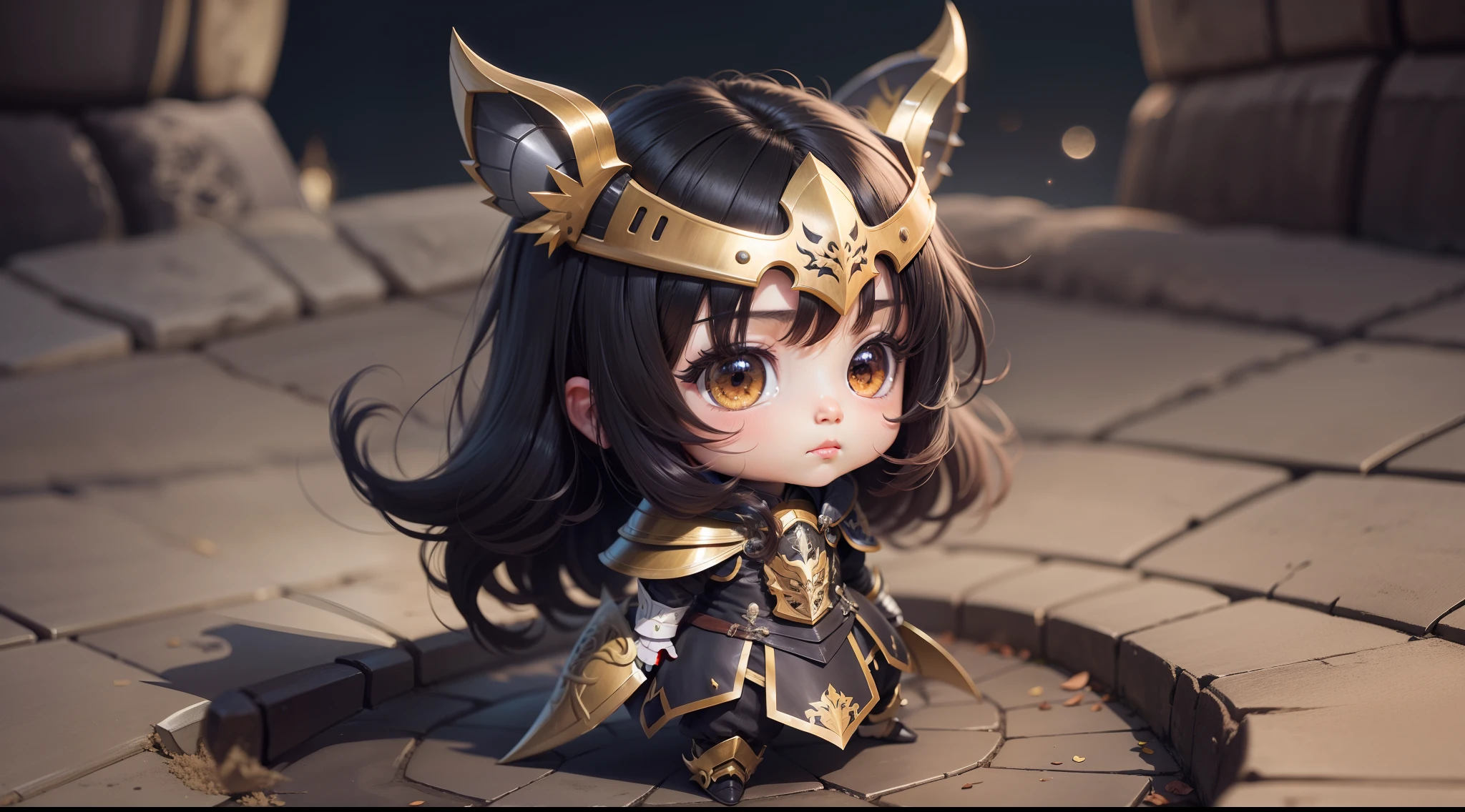 Dibujo chibi,anime,caballera,peleando,armadura dorada,cabello ????? largo ondulado,espada,fondo de castillo ,calidad hd,noche,luna resplandeciente,