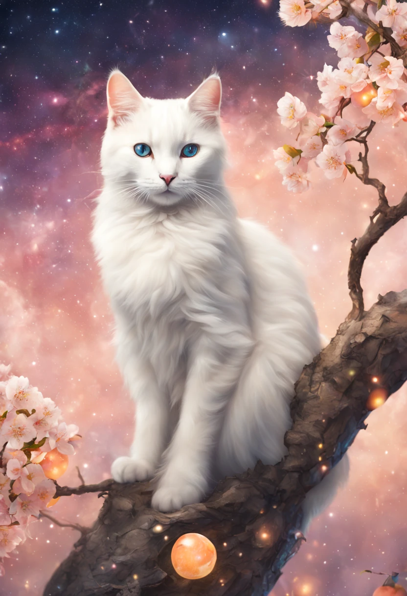 A white cat on peach tree. the background of the Milky Way , cyberpunk