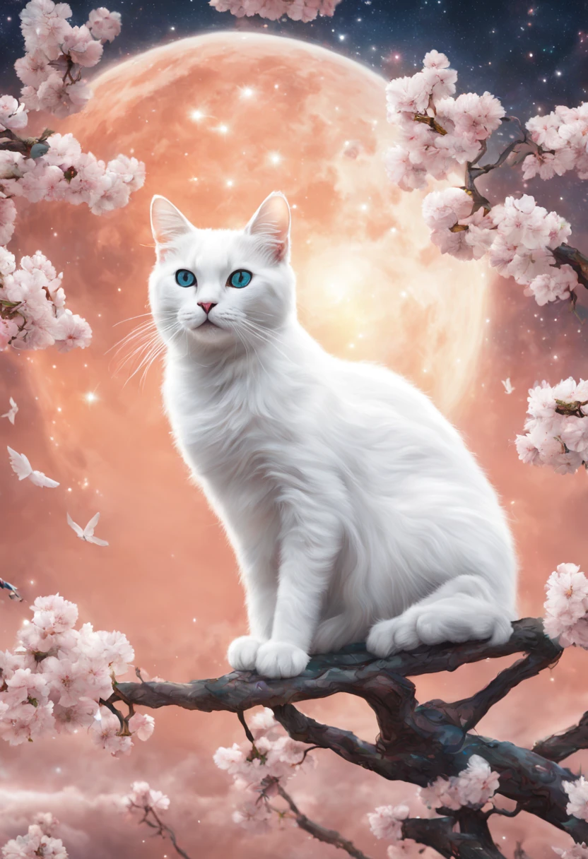 A white cat on peach tree. the background of the Milky Way , cyberpunk