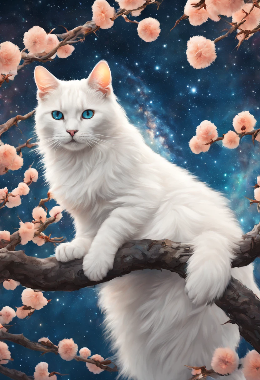A white cat on peach tree. the background of the Milky Way , cyberpunk