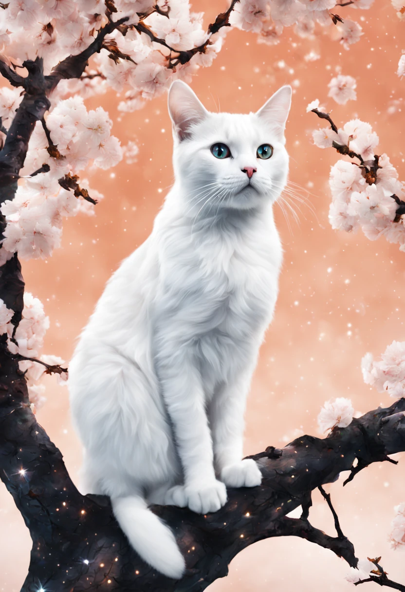 A white cat on peach tree. the background of the Milky Way , cyberpunk