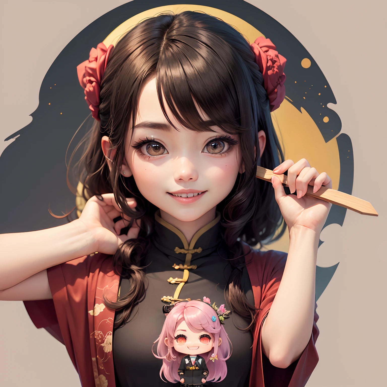 obra maestra、highest qualityr、Ultra-detallado、(Chibi Chara Antigua Hija China:1.2)、????? de pelo largo,uniforme escolar  ,sonriendo , paleta en mano ,fondo escolar
