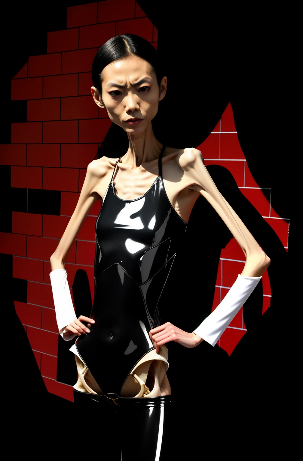 Extremely thin woman, A thin body，Protruding sternum，The waist is slender，The ribs are noticeable，Protruding ribs，The pelvis is very pronouncedly protruding，The pelvis is markedly elevated，White skin of the，Thin shoulders，Very slim waist，Extremely skinny，Sunken abdomen，Slim arms，Skin and bones，short detailed hair，Haggard face，Wear tight latex clothing，Asian face，The body is as thin as a skeleton，look of anguish，Thinning of the face，Severe malnutrition