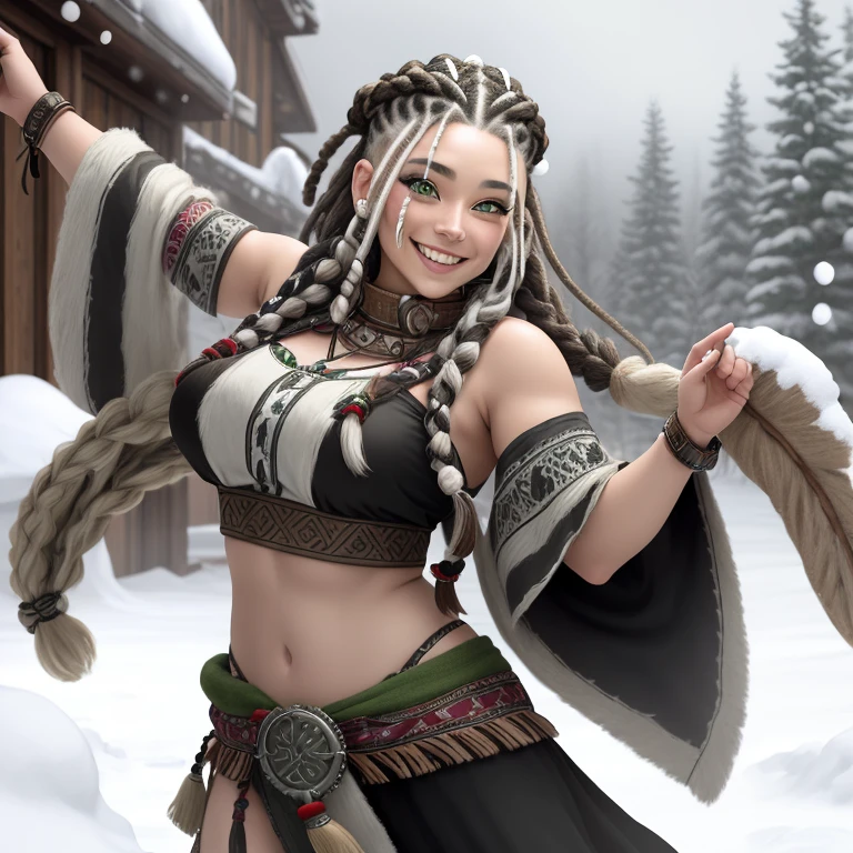 Half viking half native American woman, green eyes, white and black dreadlocks with braids, in the snow, dancing and smiling