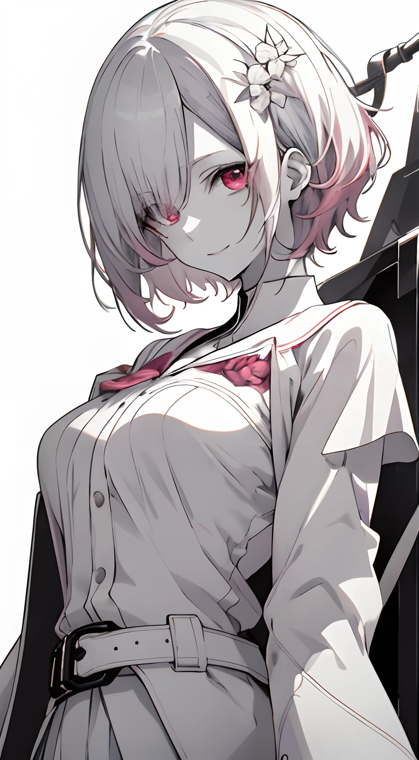 Full body, White one-piece uniform,(masutepiece:1.2, Best Quality), (finely detailed beautiful eye: 1.2), (beautifull detailed face), High contrast, (Best Illumination, extremely delicate and beautiful), ((Cinematic Light)), Dramatic light, Intricate details,red eyes, Average breasts, Belt under the chest, White sailor suit, White skirt,Pale white and pink hair, (Pale white background:1.7), Short-cut hair, accurate hands, smil, ruddy skin, hi-school girl,