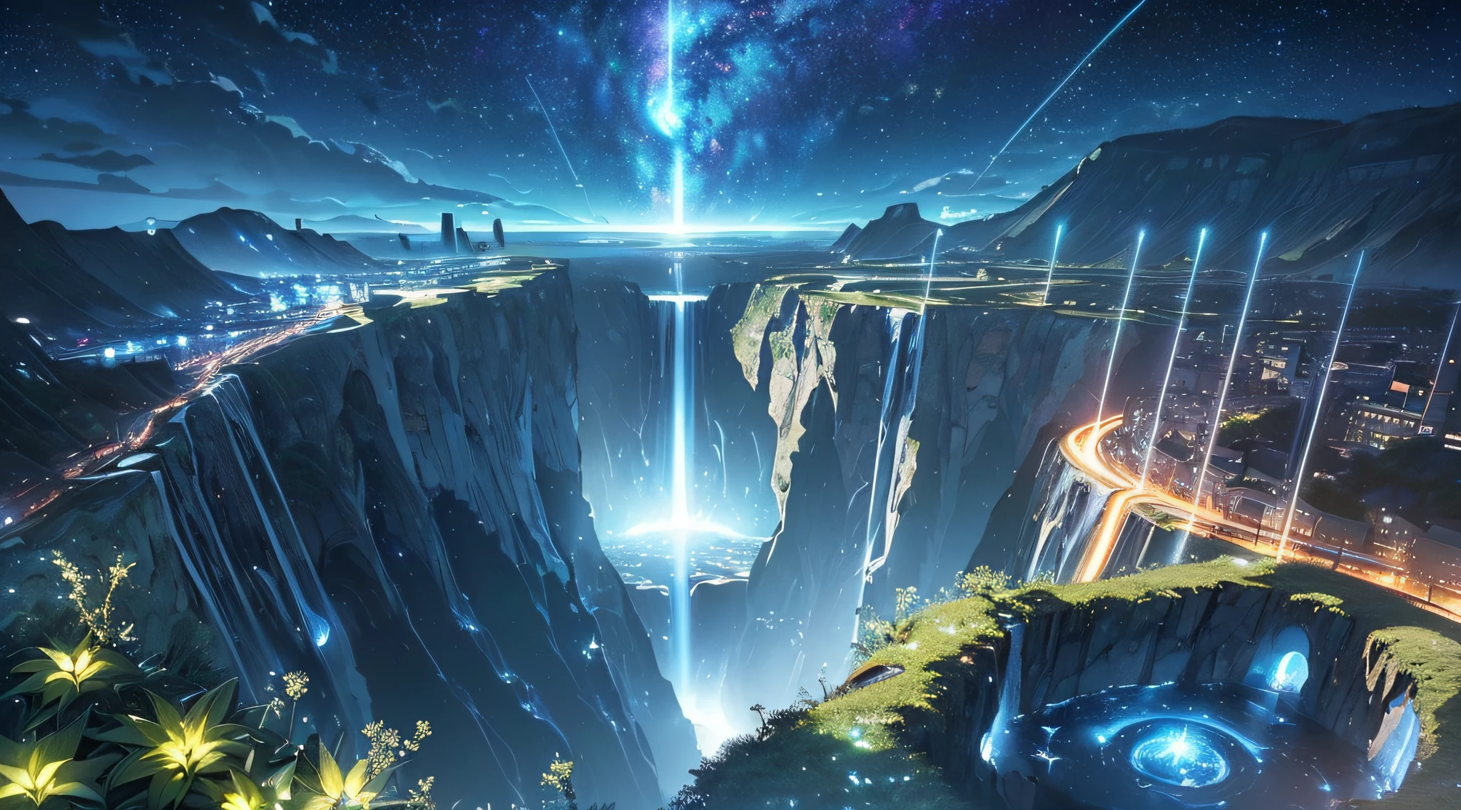 ​masterpiece、Background with((Fantastic starry sky、meteors、black hole、planetes))、Depth((Huge hole in the ground、A large amount of water is flowing into the water、Luminescent、City on a cliff、plants、))、Looking down