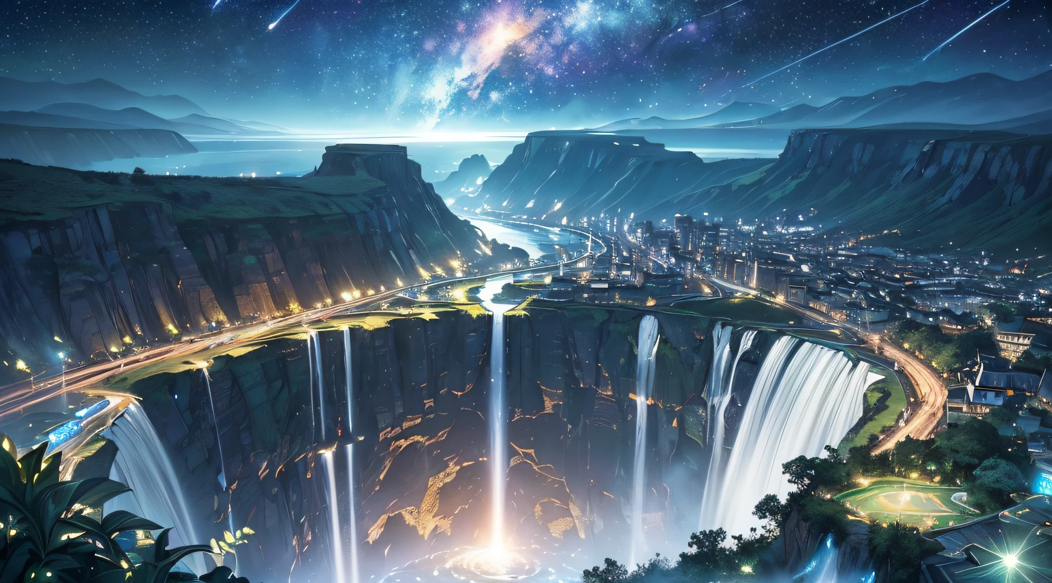 ​masterpiece、Background with((Fantastic starry sky、meteors、black hole、planetes))、Depth((Huge hole in the ground、A large amount of water is flowing into the water、Luminescent、City on a cliff、plants、))、Looking down