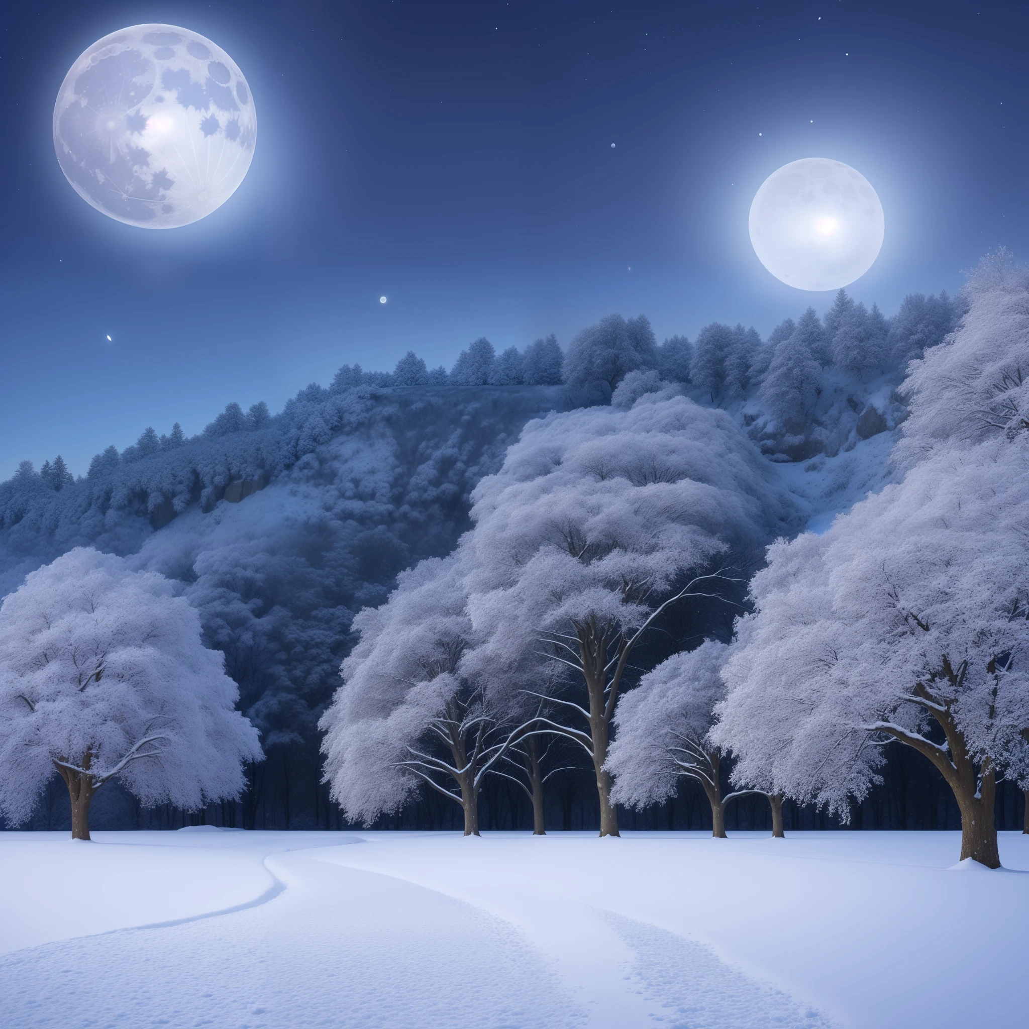 A field of flower covered in snow with moonlight casting them