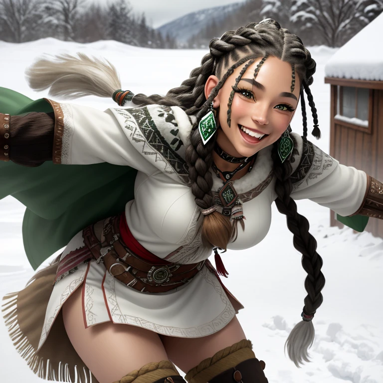 Half viking half native American woman, green eyes, white and black dreadlocks with braids, in the snow, dancing and smiling