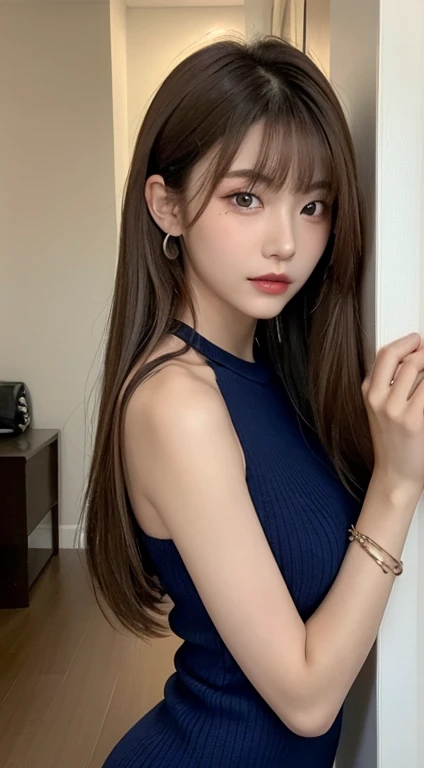 (Best Quality, 8K, masutepiece, Ultra HD: 1.3), 1girl in, mideum breasts, light brown hair, Blunt bangs, hair behind ear, hair over shoulder, Long hair, slender body shape, Ultra Fine Face, Delicate lips, Beautiful eyes, Double eyelids, lipsticks,Facial expressions inviting a man, Ultra-thin hands, Ultra-fine fingers, Knitted Dresses , beauty legs
