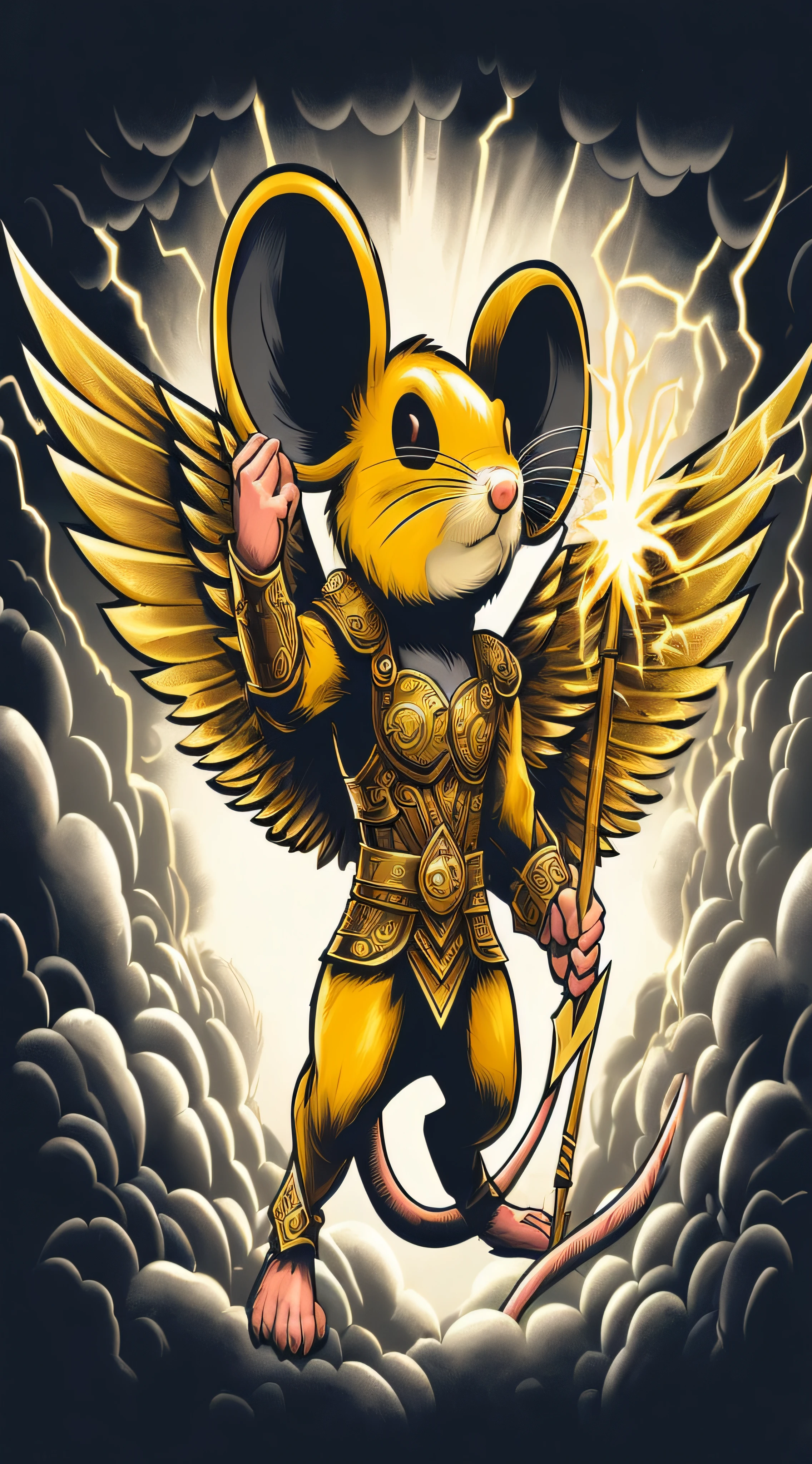 a cartoon mouse with wings and a staff in a dark room, anthropomorphic mouse, mouse guard, maplestory mouse, by Joe Fenton, mickey mouse is thor, rat king, joe gb fenton, cyborg mouse, inspired by Joe Fenton, mr. nimbus character design, by Randy Gallegos, style of greg simkins, anthropomorphic rat