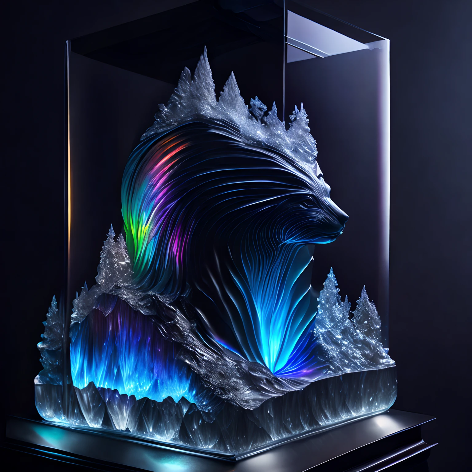 super high quality, (8k, RAW photo, realistic), ice sculpture exhibition, iridescent ice, background black, (magnificent view:1.2), detailed and delicate depiction and flashy and dynamic painting method, dark fantasy
