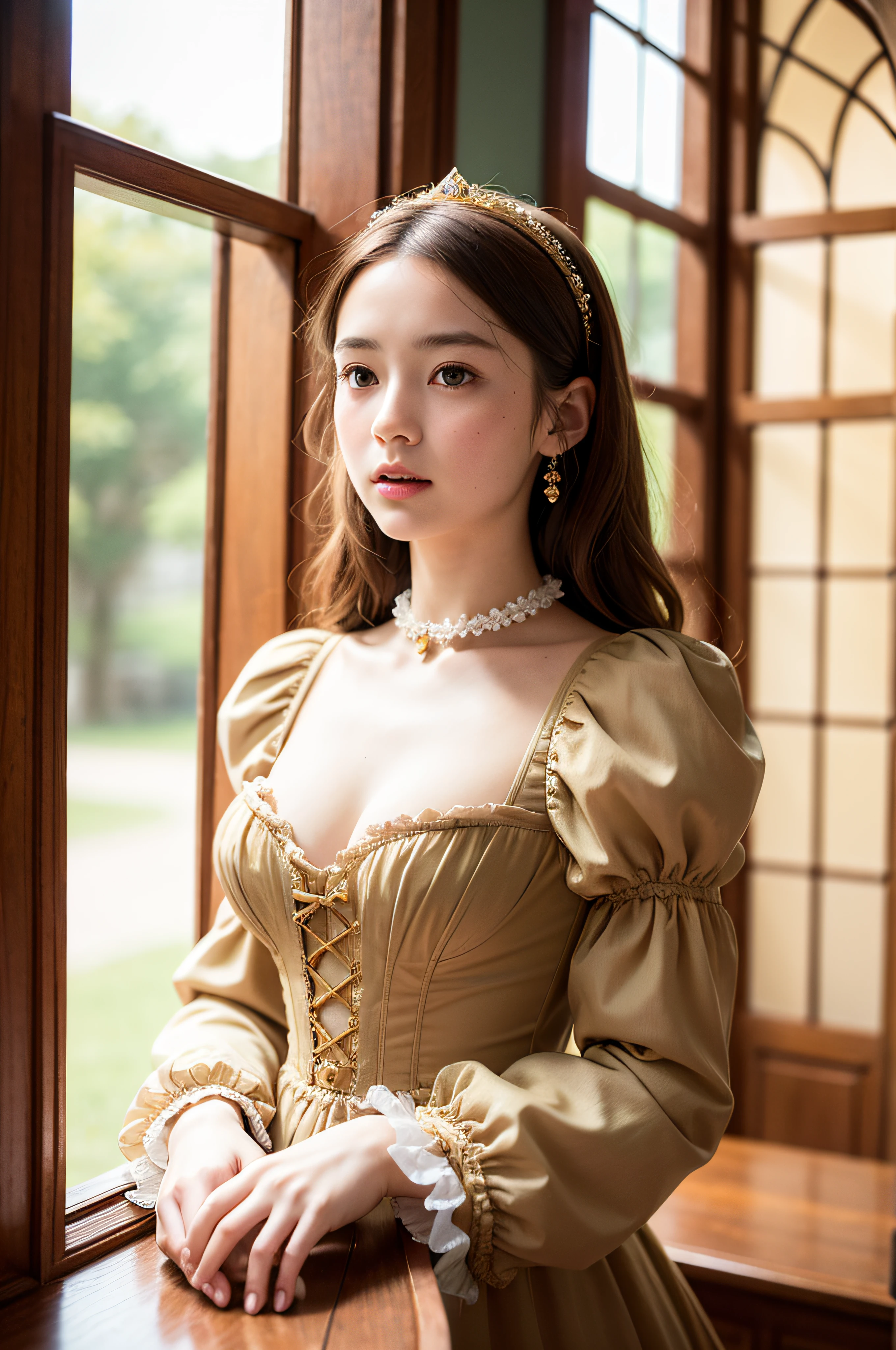 (Realisticity: 1.3), Fine, Quality, Rembrandt Lighting, (Masterpiece: 1.2), (Realisticity: 1.2), (Best Quality), (Skin Details: 1.3), (Intricate Detail), Dramatic, Ray Tracing, 1girl, Eighteenth-century European Lady Costumes, Gorgeous Costumes, Confident and Independent Beauty, Unique Charm, Blonde, 21 years old, huge breasts, open collar, revealing most breasts, Elizabeth Swan, Field
