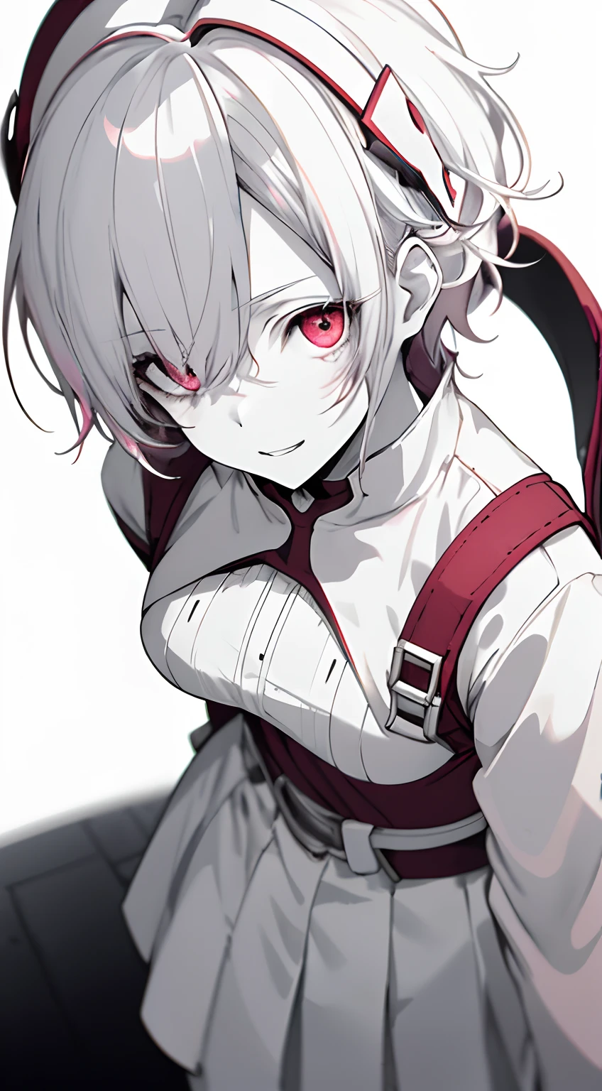 Full body, White one-piece uniform,(masutepiece:1.2, Best Quality), (finely detailed beautiful eye: 1.2), (beautifull detailed face), High contrast, (Best Illumination, extremely delicate and beautiful), ((Cinematic Light)), Dramatic light, Intricate details,red eyes, Average breasts, Belt under the chest, White sailor suit, White skirt,Pale white and pink hair, (Pale white background:1.7), Short-cut hair, accurate hands, smil, ruddy skin, hi-school girl,