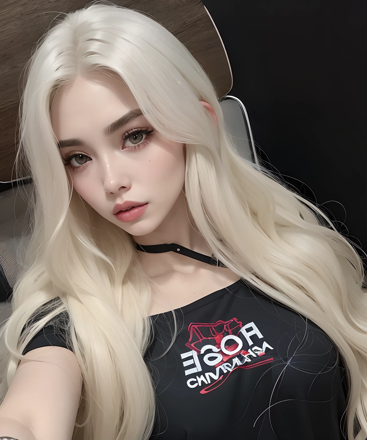 um close up de uma mulher com longos cabelos loiros vestindo uma camisa preta, menina perfeita de cabelos brancos, com cabelos longos brancos, com longos cabelos brancos, her hair is white, menina com cabelo branco, menina coreana, Modelo IG | Artgerm, ava max, longos cabelos brancos e franja, very very pale blond hair, cabelos longos brancos, longos cabelos brancos
