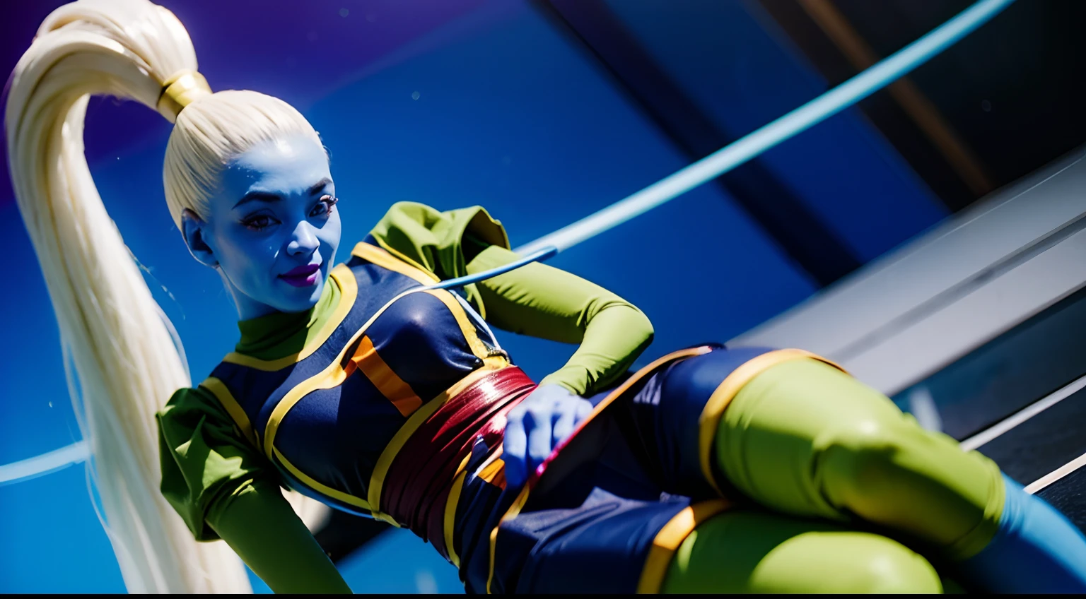 Vados_DB, solo, ponytail, blue skin, smile, hand on hip, stars and space in background, cinematic composition,