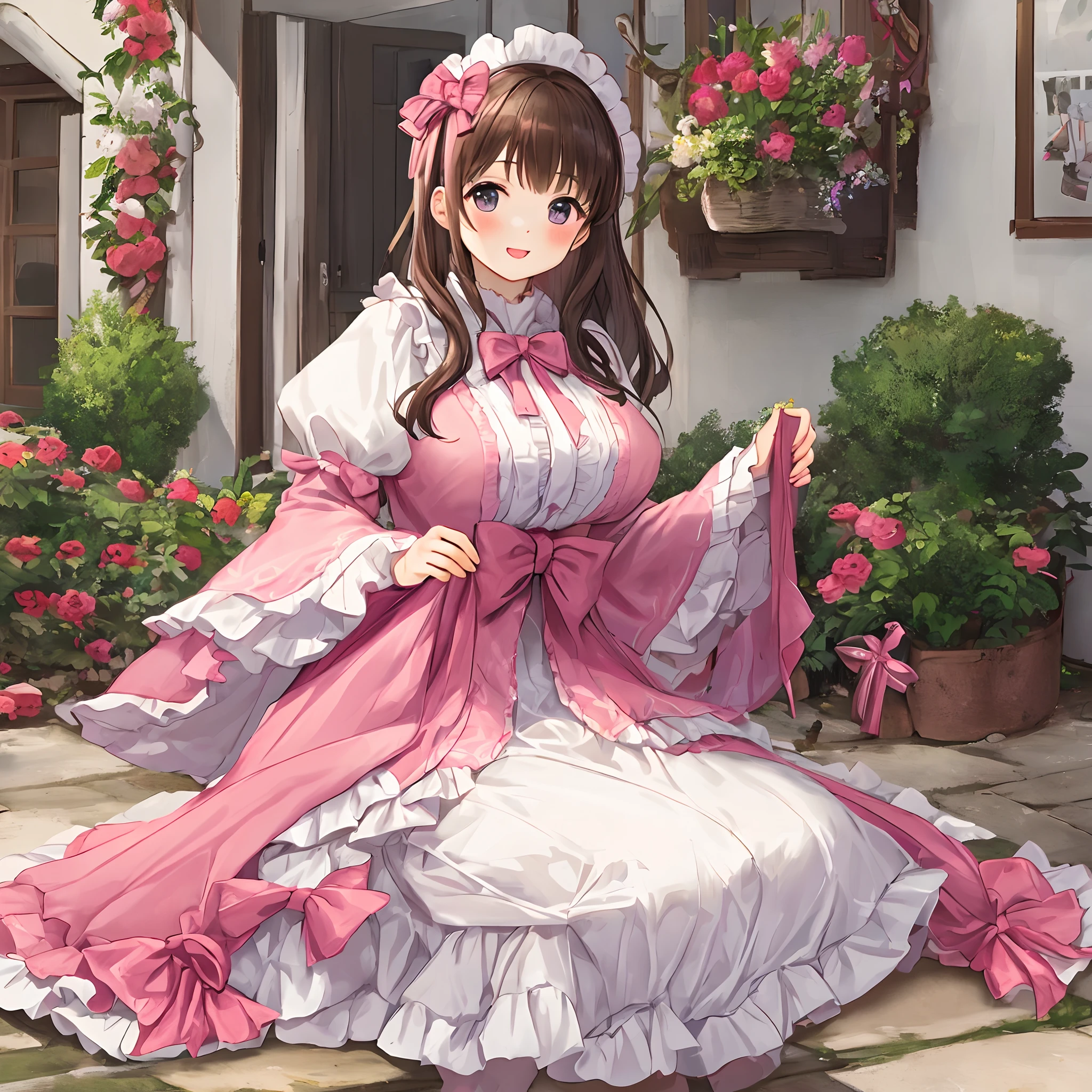 Anime girl in a pink and white dress sitting on a stone patio - SeaArt AI