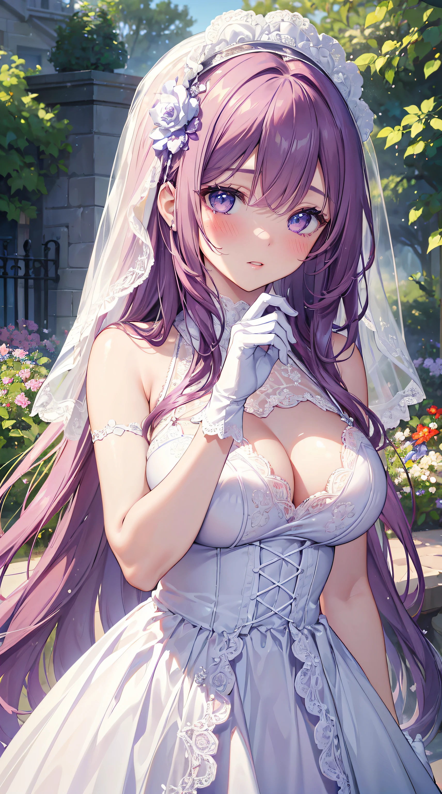 (best quality,high resolution,masterpiece:1.2),ultra-realistic,beautiful detailed eyes,beautiful detailed lips:1.1,elegant long purple hair,white dress,white lace gloves,white lace lingerie,perfect facial features,blushing face,super detailed computer graphics,blushing face,busty,outdoor scene,garden