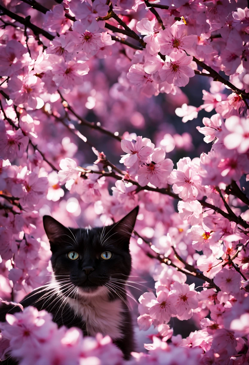 A white cat laying peacefully on a bed of sakura petals, surrounded by the delicate pink blooms. The cat's fur is pristine and fluffy, with a hint of sunlight shining through, illuminating its playful expression. The sakura petals are gently falling around the cat, creating a dreamlike atmosphere. The background reveals a breathtaking view of the Milky Way, with its billions of stars twinkling in the night sky. The stars form a mesmerizing tapestry of light, enhancing the ethereal beauty of the scene. The image quality is of the highest standard, with ultra-sharp details showcasing every delicate feature of the cat and the sakura petals. The colors are vibrant and vivid, with a touch of soft pastel tones to complement the dreamy ambiance. The lighting is warm and gentle, casting a soft glow on the cat and the sakura petals. The overall impression is of tranquility, beauty, and a sense of awe-inspiring wonder.