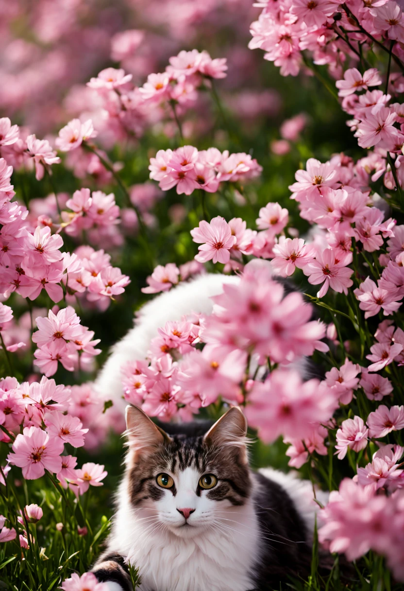 A white cat laying peacefully on a bed of sakura petals, surrounded by the delicate pink blooms. The cat's fur is pristine and fluffy, with a hint of sunlight shining through, illuminating its playful expression. The sakura petals are gently falling around the cat, creating a dreamlike atmosphere. The background reveals a breathtaking view of the Milky Way, with its billions of stars twinkling in the night sky. The stars form a mesmerizing tapestry of light, enhancing the ethereal beauty of the scene. The image quality is of the highest standard, with ultra-sharp details showcasing every delicate feature of the cat and the sakura petals. The colors are vibrant and vivid, with a touch of soft pastel tones to complement the dreamy ambiance. The lighting is warm and gentle, casting a soft glow on the cat and the sakura petals. The overall impression is of tranquility, beauty, and a sense of awe-inspiring wonder.