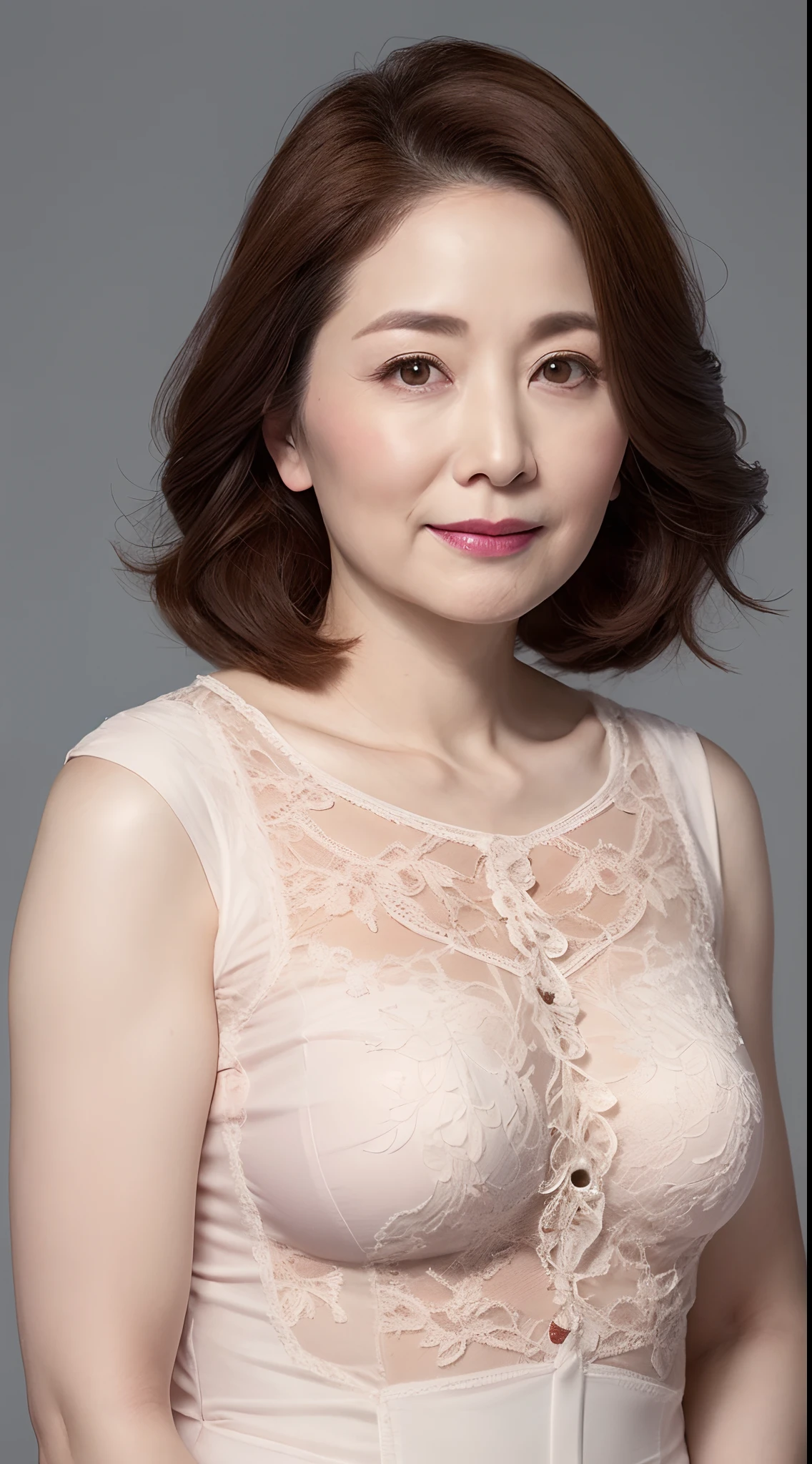 Flat color background, Fancy makeup, gravure, Correctly depict lips, natural make up, from the chest up, masutepiece, Best Quality, Ultra-detailed, Photorealistic, super detailed skin, Perfect Anatomy, (1 japanese mature woman), (Solo), 90 years old, Large breasts, Mature Woman Politician, glamor, A sexy, Chromo-white skin, Looking at Viewer