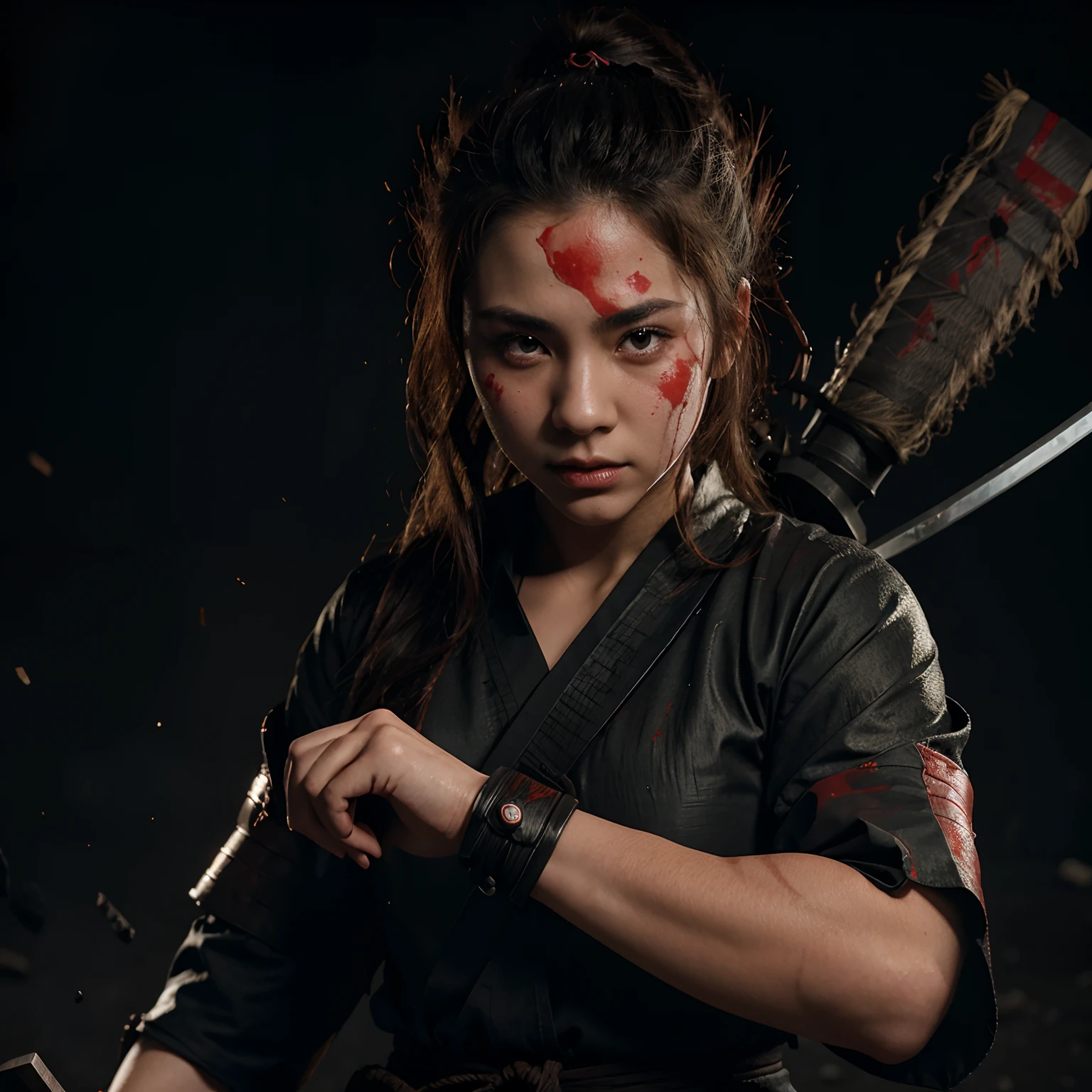 Girl animate blood on face samurai brave katanas in hands full body heroic pose battlefield top quality ,hd