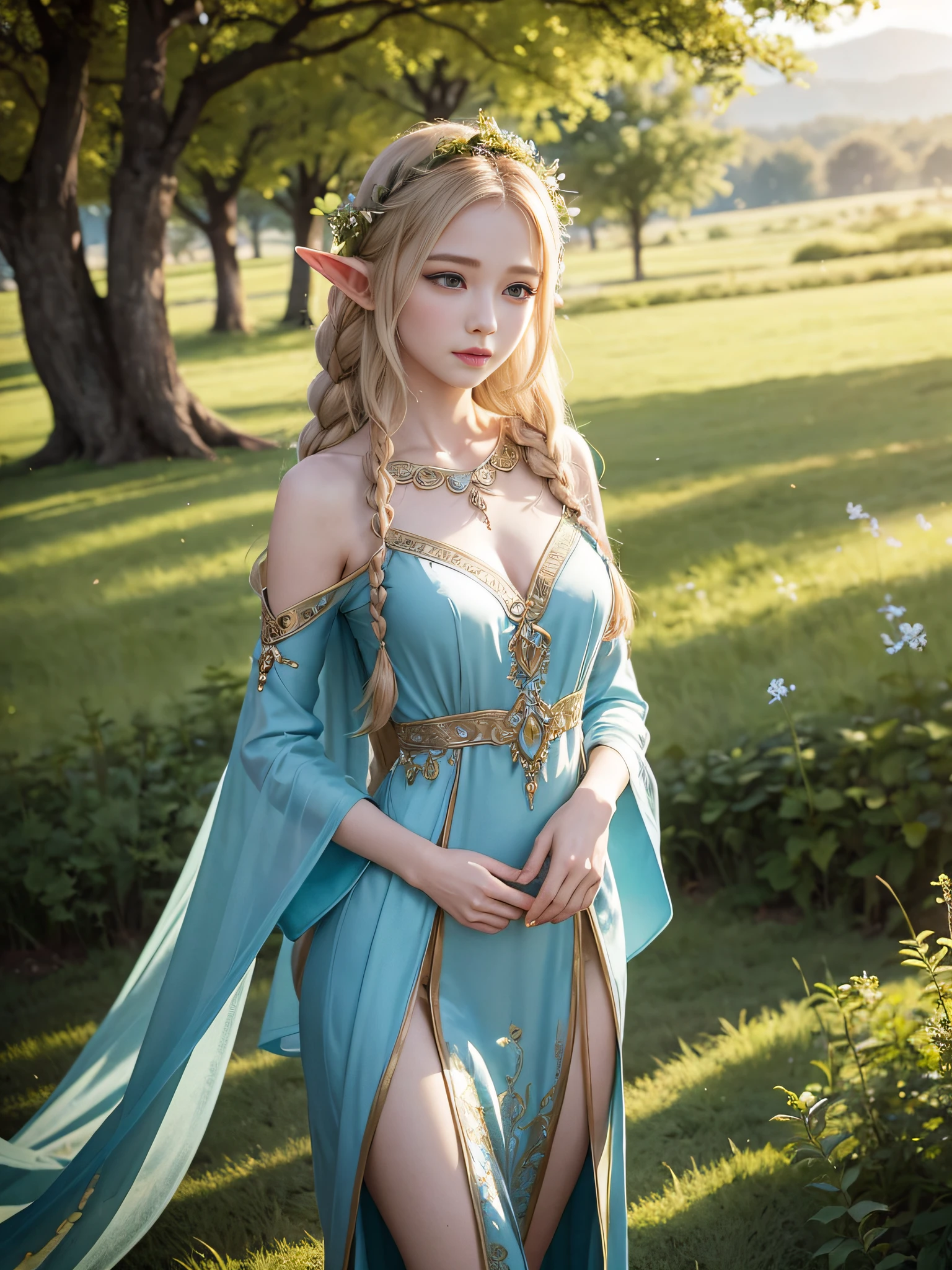 Graceful elven girl standing in meadow, Delicate face illuminated by the soft light of the setting sun. Her long, Flowing hair runs down your back, Decorated with intricate braids、Adorned with sparkling gemstones. This great photo is、、、It captures the ethereal beauty of elves. Slender figure in silk dress、Swaying in the soft steppe breeze. Attention to detail、Face that is、Face that is、Face that is、Face that is、It is evident in the intricate patterns of the dress and the subtle highlights of the luminescence. skin. The breathtaking portrayal of the elven girl is、、、、、Create an enchanting atmosphere、It invites the viewer to a magical world. transparent blonde hair,