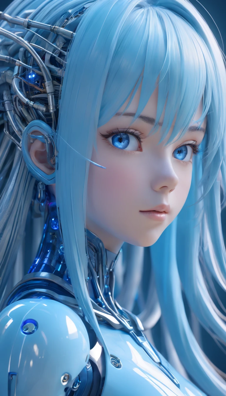 Complex 3d rendering of beautiful porcelain woman android face super detailed, cyborgs, roboticparts, 150mm, beautiful studio soft light, Rim Light, vibrant detail, luxuriouscyberpunk, Lace, hyper realisitic, Anatomical, electric wires, microchips, Elegant, Background Lab, Octane Render, h.R Giger Style, 8K,Light blue long hair,Translucent plastic body,Gently glowing eyes,blue eyess, Miki Asai Macro photography,Full body, Hyper Detailed, Trending on ArtStation, Sharp Focus, studio photo, Intricate details, Highly detailed, By Greg Rutkowski