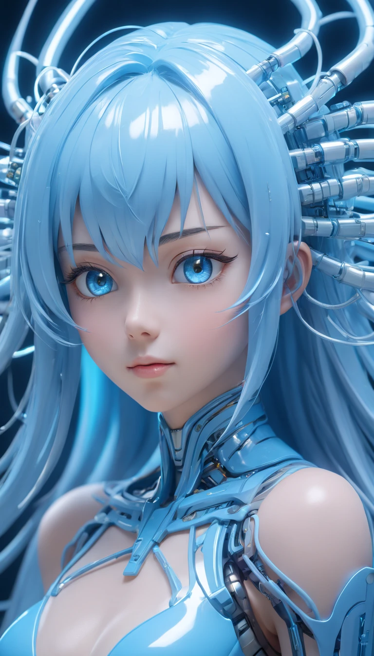 Complex 3d rendering of beautiful porcelain woman android face super detailed, cyborgs, roboticparts, 150mm, beautiful studio soft light, Rim Light, vibrant detail, luxuriouscyberpunk, Lace, hyper realisitic, Anatomical, electric wires, microchips, Elegant, Background Lab, Octane Render, h.R Giger Style, 8K,Light blue long hair,Translucent plastic body,Gently glowing eyes,blue eyess, Miki Asai Macro photography,Full body, Hyper Detailed, Trending on ArtStation, Sharp Focus, studio photo, Intricate details, Highly detailed, By Greg Rutkowski