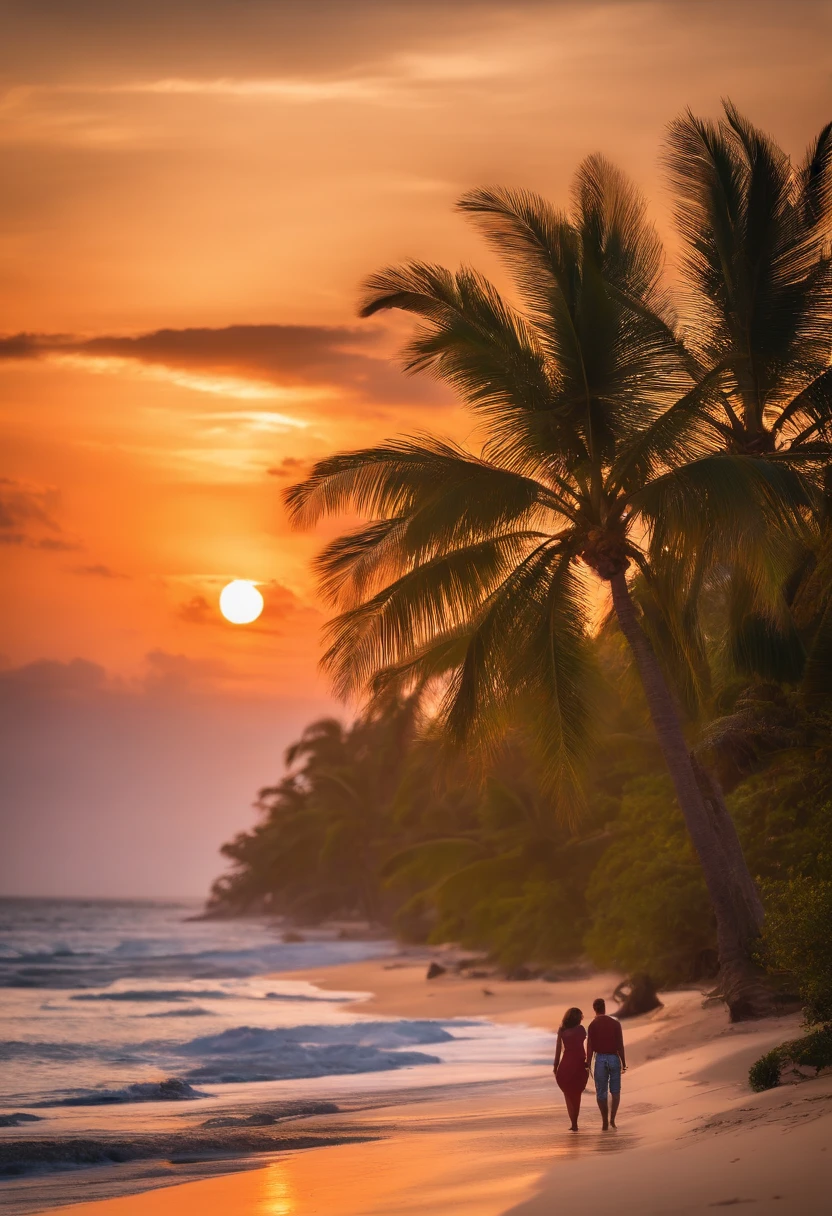 tropical,beachside,the setting sun,the sunset,coconut palms,Delicate sandy beach,A couple walking hand in hand on the beach,cheerful,Take a side photo from a distance,