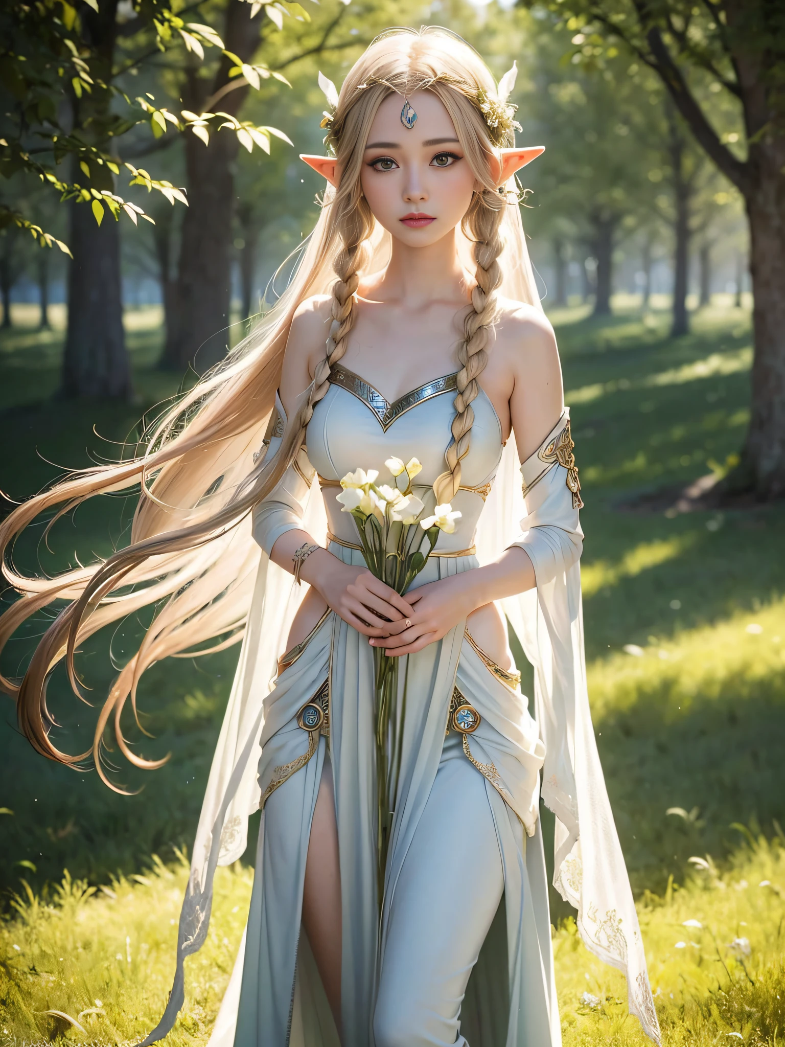 Graceful elven girl standing in meadow, Delicate face illuminated by the soft light of the setting sun. Her long, Flowing hair runs down your back, Decorated with intricate braids、Adorned with sparkling gemstones. This great photo is、、、It captures the ethereal beauty of elves. Slender figure in silk dress、Swaying in the soft steppe breeze. Attention to detail、Face that is、Face that is、Face that is、Face that is、It is evident in the intricate patterns of the dress and the subtle highlights of the luminescence. skin. The breathtaking portrayal of the elven girl is、、、、、Create an enchanting atmosphere、It invites the viewer to a magical world.