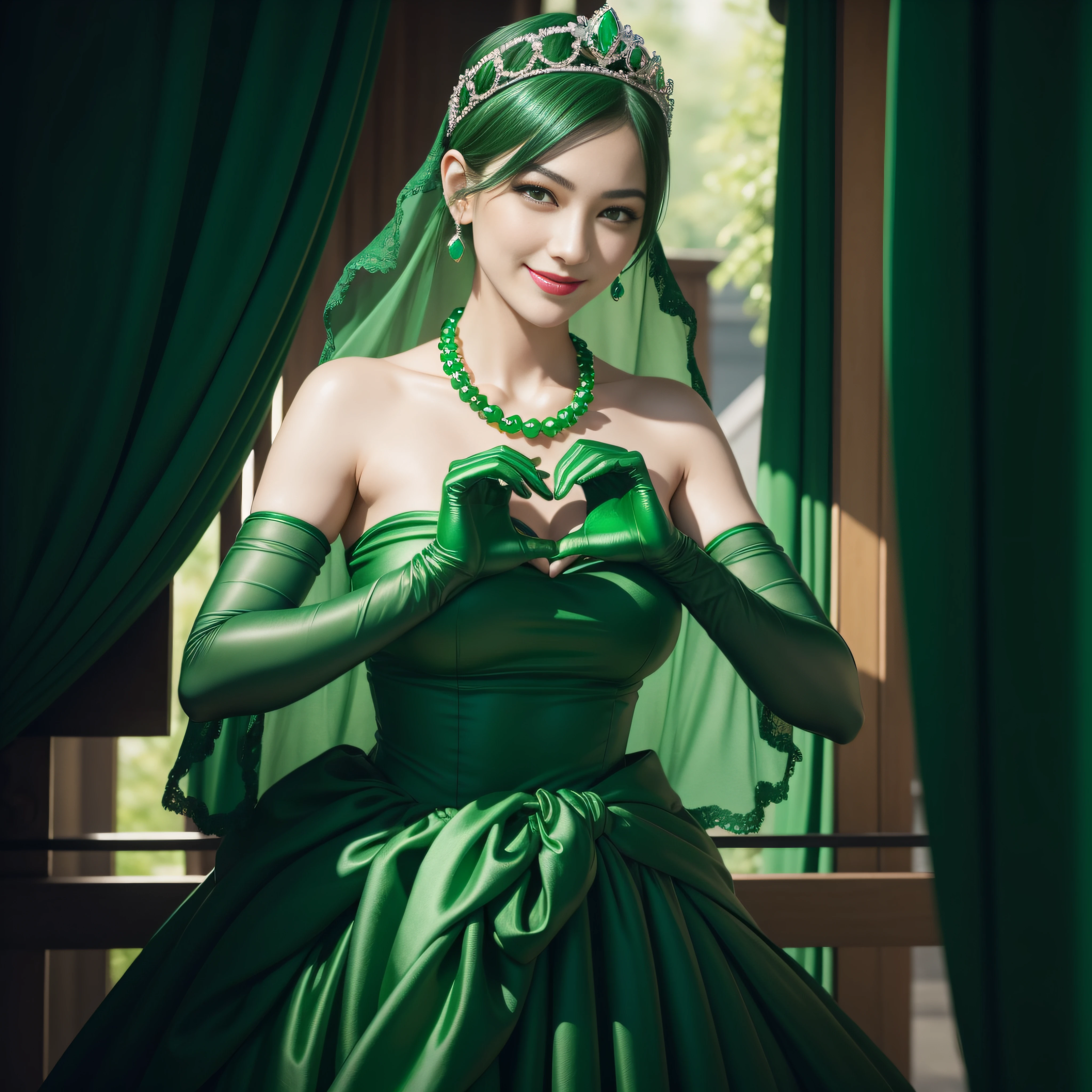 emerald tiara, green pearl necklace, boyish very short green hair, green lips, smiling Japanese woman, very short hair, Beautiful woman with big breasts, green eyes, green satin long gloves, green eyes, emerald earrings, green veil, Heart with both hands, green hair, beautiful japanese woman, heart shaped hands:1.3, green lip gloss