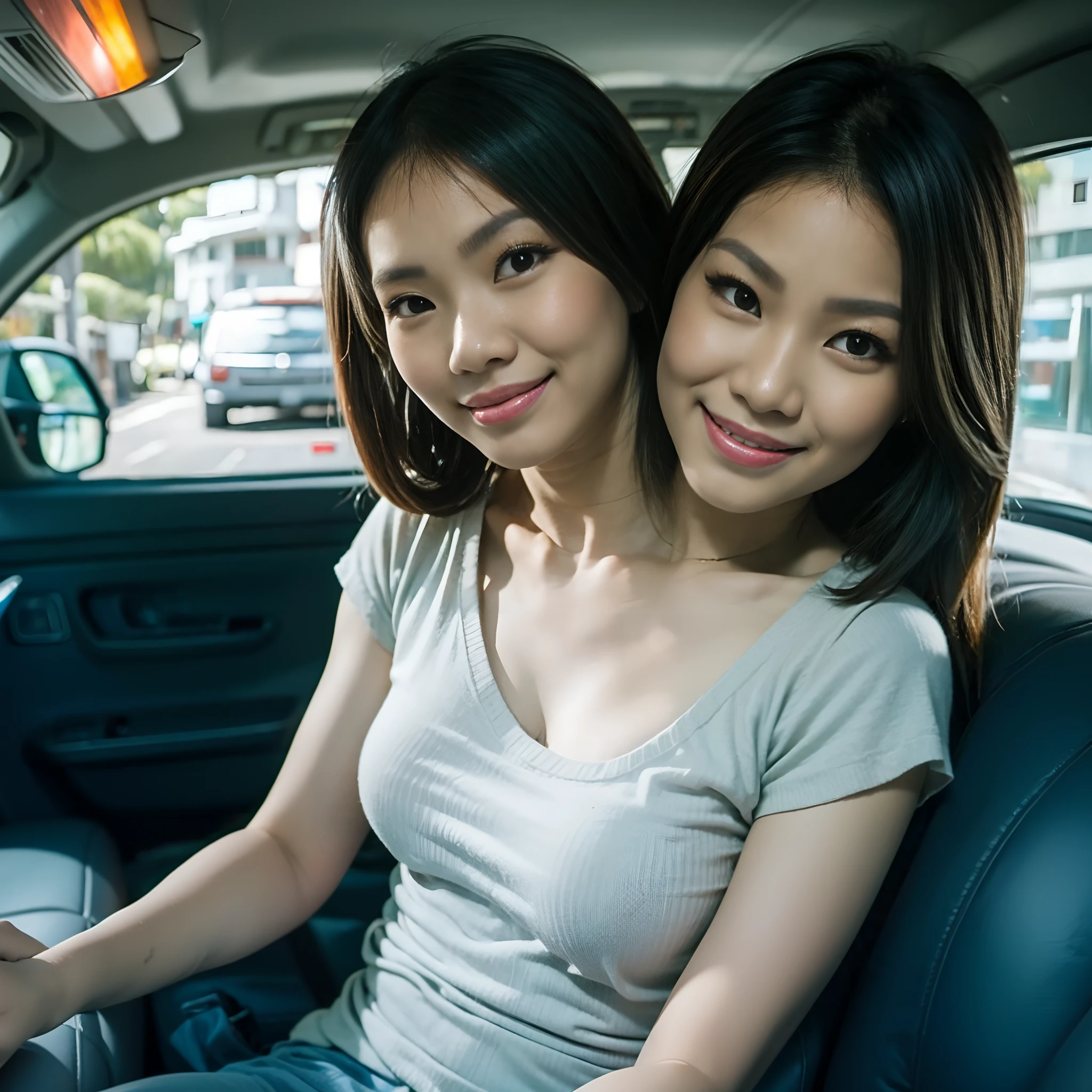 Korean girls in their 20s in van, completely naked, smile, kissing and hugging
