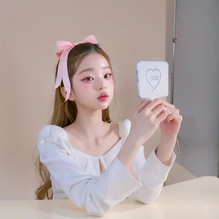 araffe girl with a pink bow holding a phone up to her face, ulzzang, blackpink jennie, ruan cute vtuber, jinyoung shin, tzuyu from twice, popular south korean makeup, aesthetic cute with flutter, wan adorable korean face, jossi of blackpink, popular korean makeup, kim doyoung, cute pose, official artwork, blonde hair