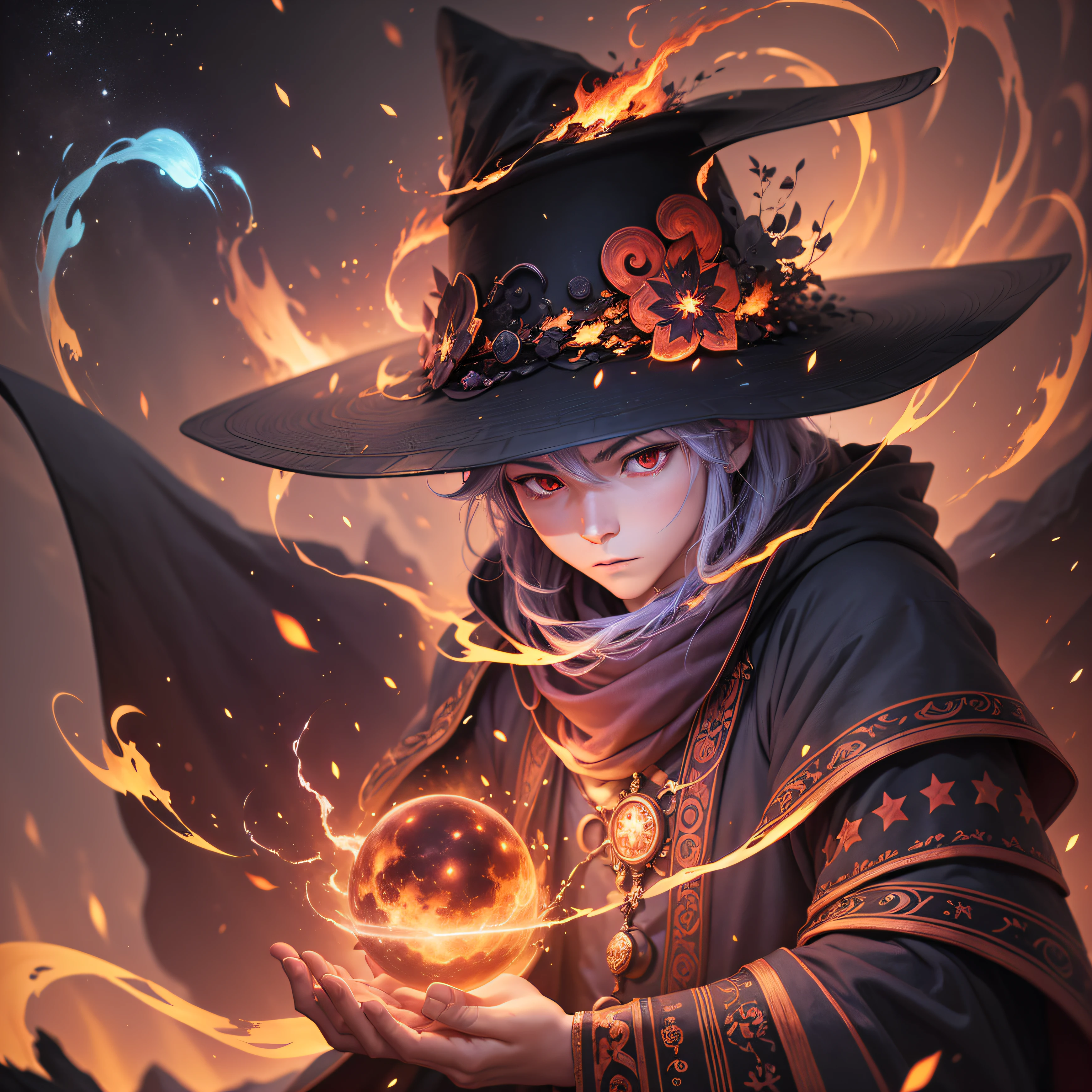 man, tachi-e, earth, focus on the ground, (dark mage), sorcerer, sorcerer's hat, used clothes, surrounded by fire, light particles, depth of field, (halation) disney style illustration --auto --s2