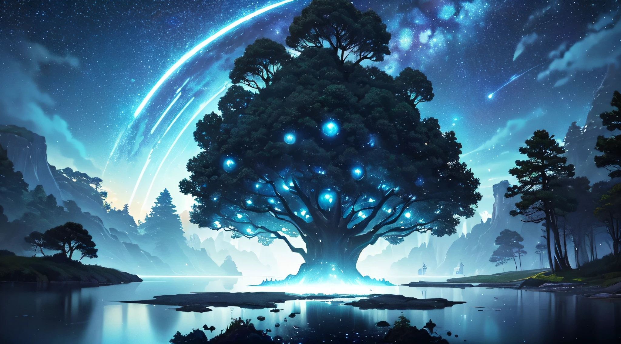 ​masterpiece、Background with((Fantastic starry sky、meteors、black hole、planetes))、Depth((Mysterious giant tree、Luminescent、There are many islands floating around、Tree House、plants、))、Looking up