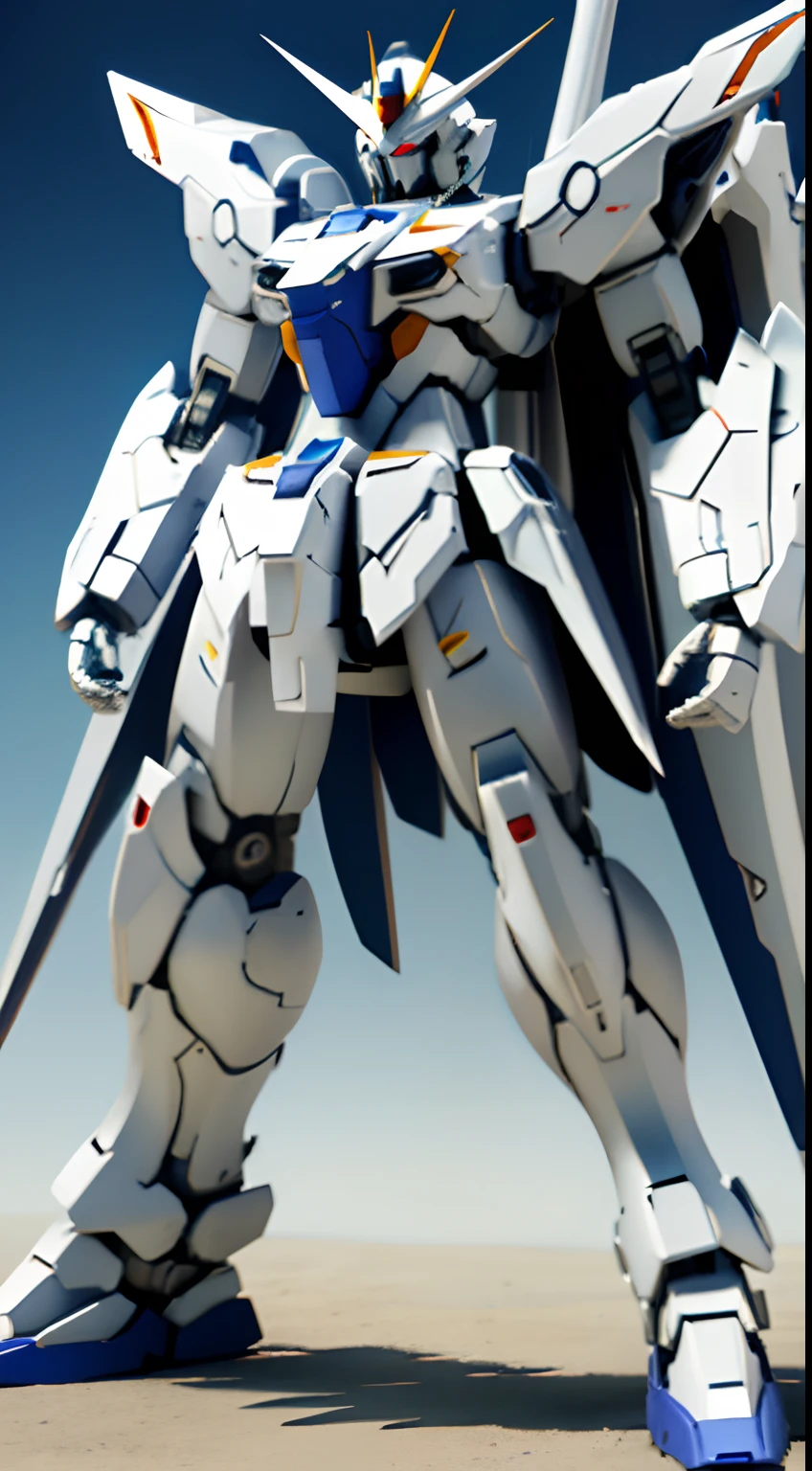 Gundam、Full body like、No back equipment、realisitic、Dual Eye、Facing the front、Lines of simple、White the&Silver Body、Chemical、realisticlying、Giant Robo、Blue sky background