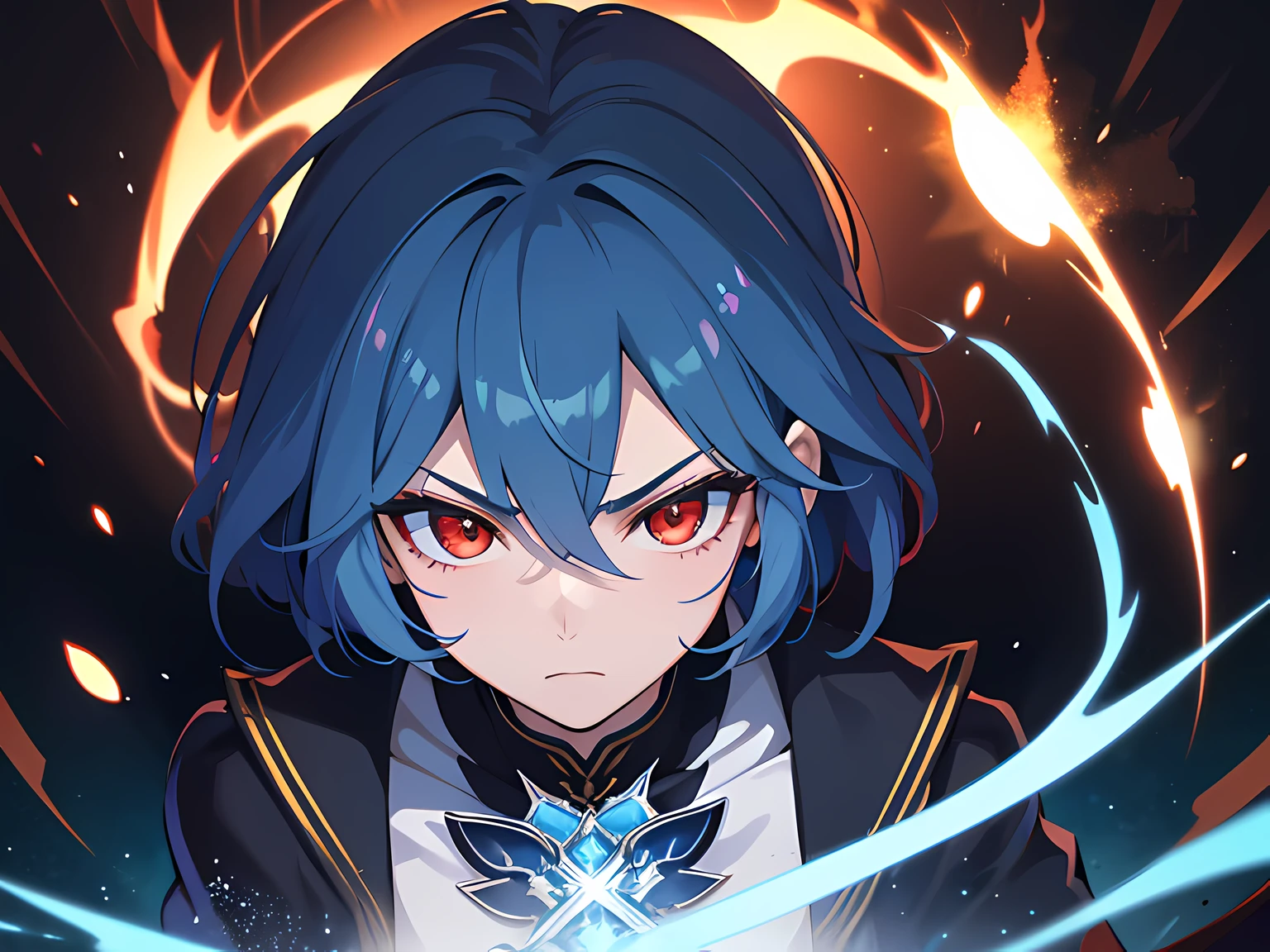 (ultra-detailed, perfect pixel, highres, best quality, beautiful eyes finely detailed), (full body:0.8), 19 years old boy, have power like demon god in manhwa, full of demonic aura, angry facial expression, red eye color (glowing red eyes), blue hair (half of his hair covered with blue flame), with aristocrat style outfit, elegant, detective, realistic fire, the background is full of magical particles and realistic blue fire. lens flare, glowing light, reflection light, motion blur, 8k, super detail, ccurate, best quality, Ray tracing.