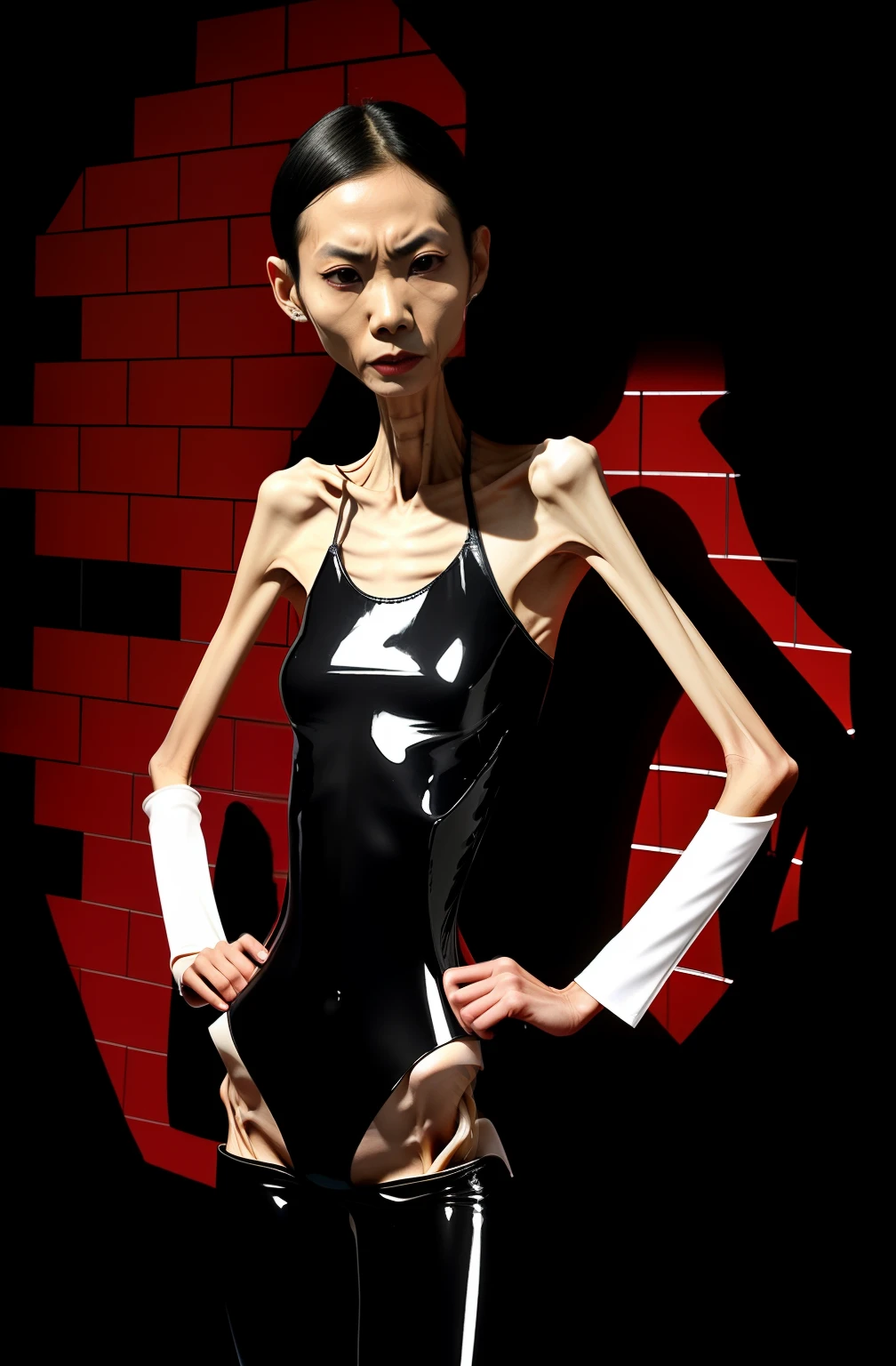 Extremely thin woman, A thin body,Protruding sternum,The waist is slender,The ribs are noticeable,Protruding ribs,The pelvis is very pronouncedly protruding,The pelvis is markedly elevated,White skin of the,Thin shoulders,Very slim waist,Extremely skinny,Sunken abdomen,Slim arms,Skin and bones,short detailed hair,Haggard face,Wear tight latex clothing,Asian face,The body is as thin as a skeleton,angry look,weeping,Thinning of the face,Severe malnutrition