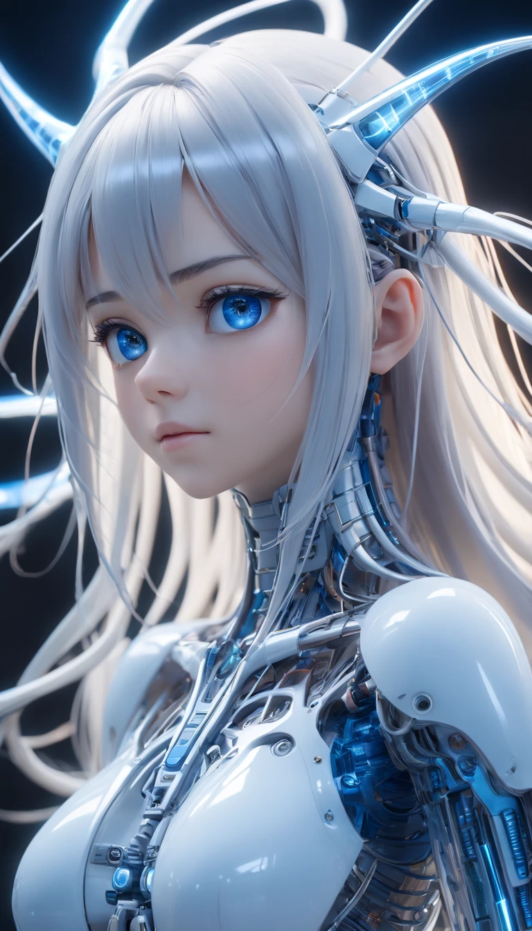 Complex 3d rendering of beautiful porcelain woman android face super detailed, cyborgs, roboticparts, 150mm, beautiful studio soft light, Rim Light, vibrant detail, luxuriouscyberpunk, Lace, hyper realisitic, Anatomical, electric wires, microchips, Elegant, Background Lab, Octane Render, h.R Giger Style, 8K,Silver long-haired,Translucent plastic body,Gently glowing eyes,blue eyess, Miki Asai Macro photography,Full body, Hyper Detailed, Trending on ArtStation, Sharp Focus, studio photo, Intricate details, Highly detailed, By Greg Rutkowski